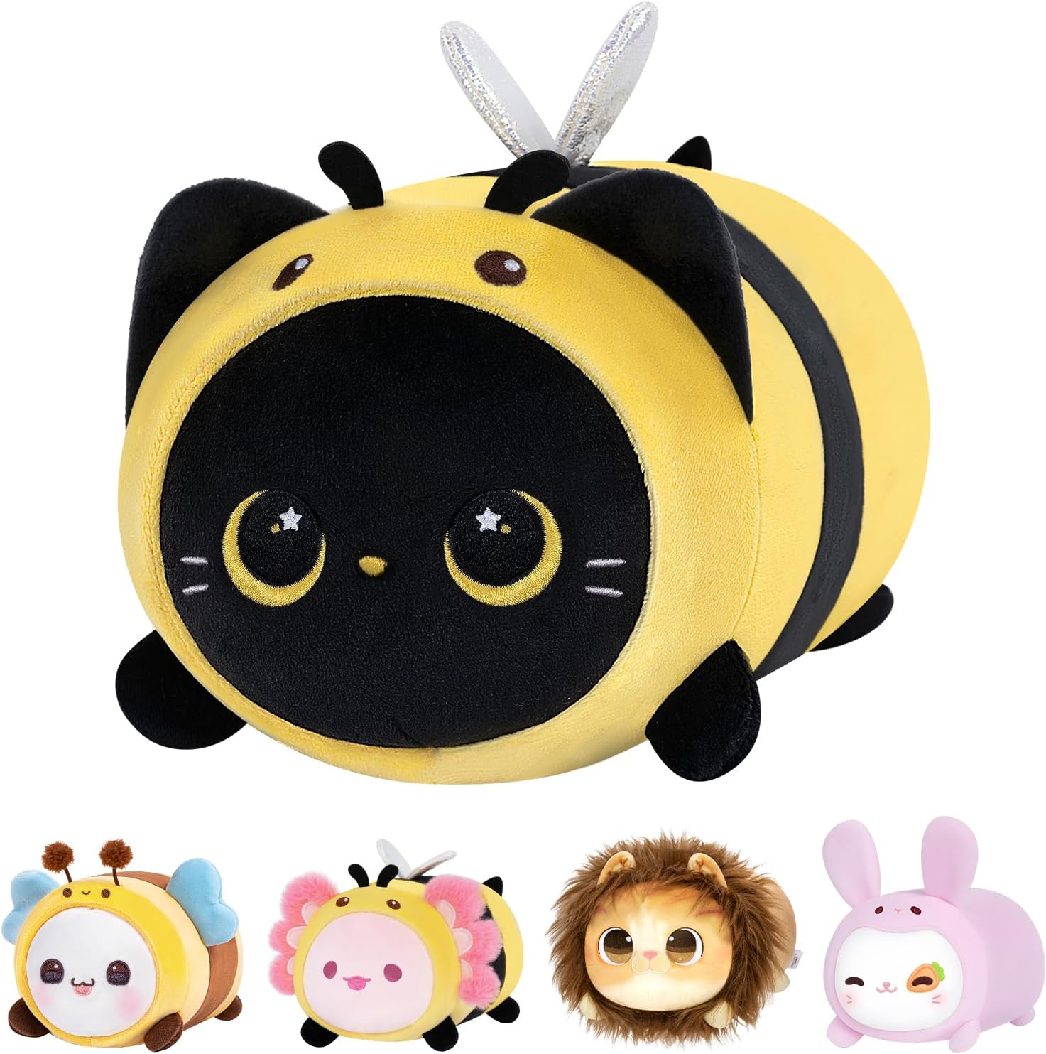 Bonita almohada de felpa de abeja de gato negro, peluche Kawaii de abeja de gato, peluche de gatito con disfraz de abeja de abeja, regalos suaves