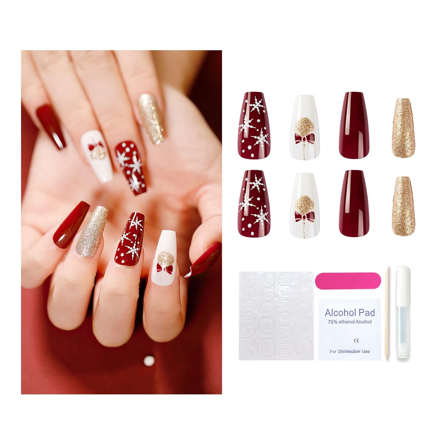 Kit de uñas postizas de acrílico de ataúd corto para Año Nuevo, decoración artística de copo de nieve de Navidad, puntas falsas de bailarina 05