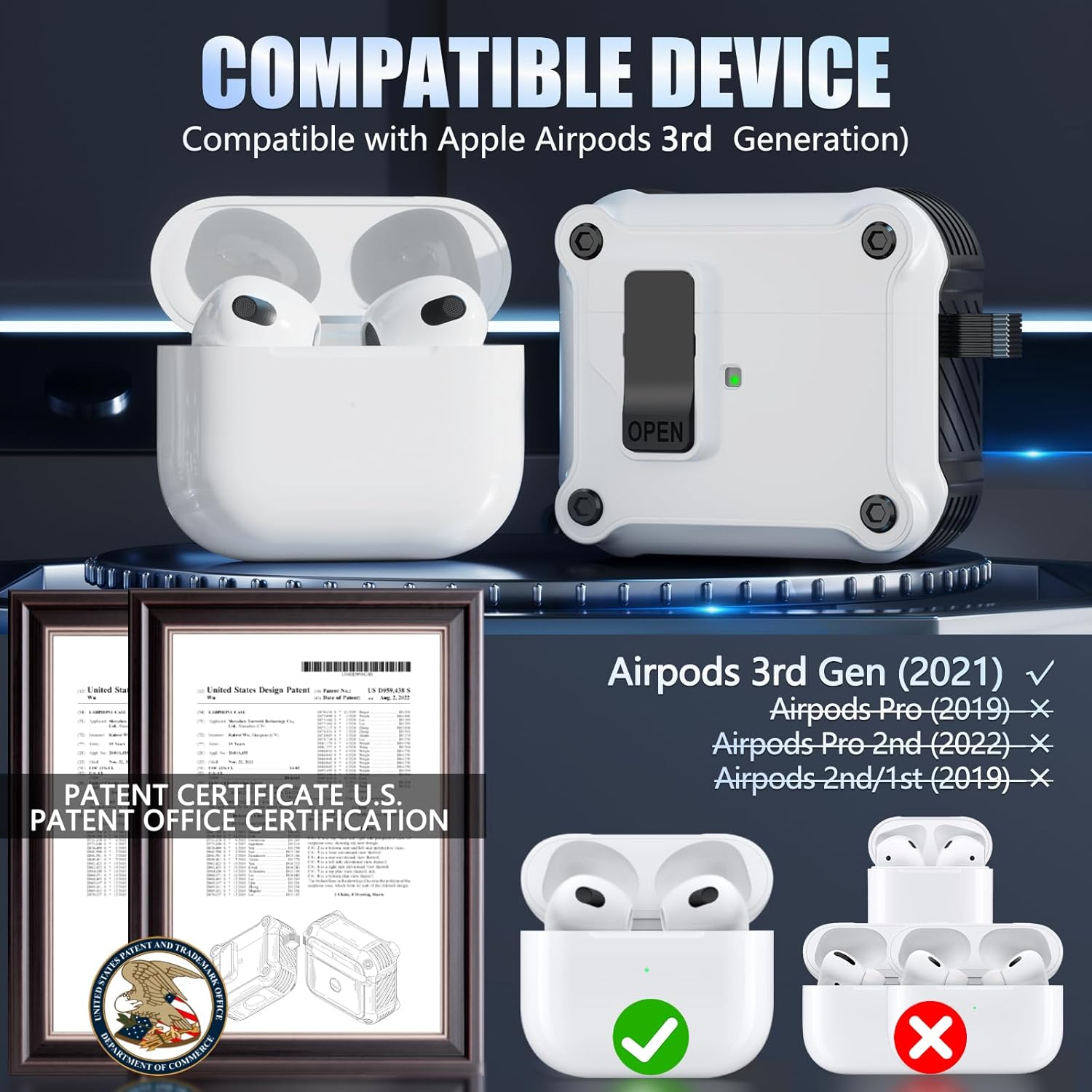 Funda compatible con AirPods de 3 generación con kit de limpieza, protección de clip de bloqueo seguro, diseño de interruptor a presión automático