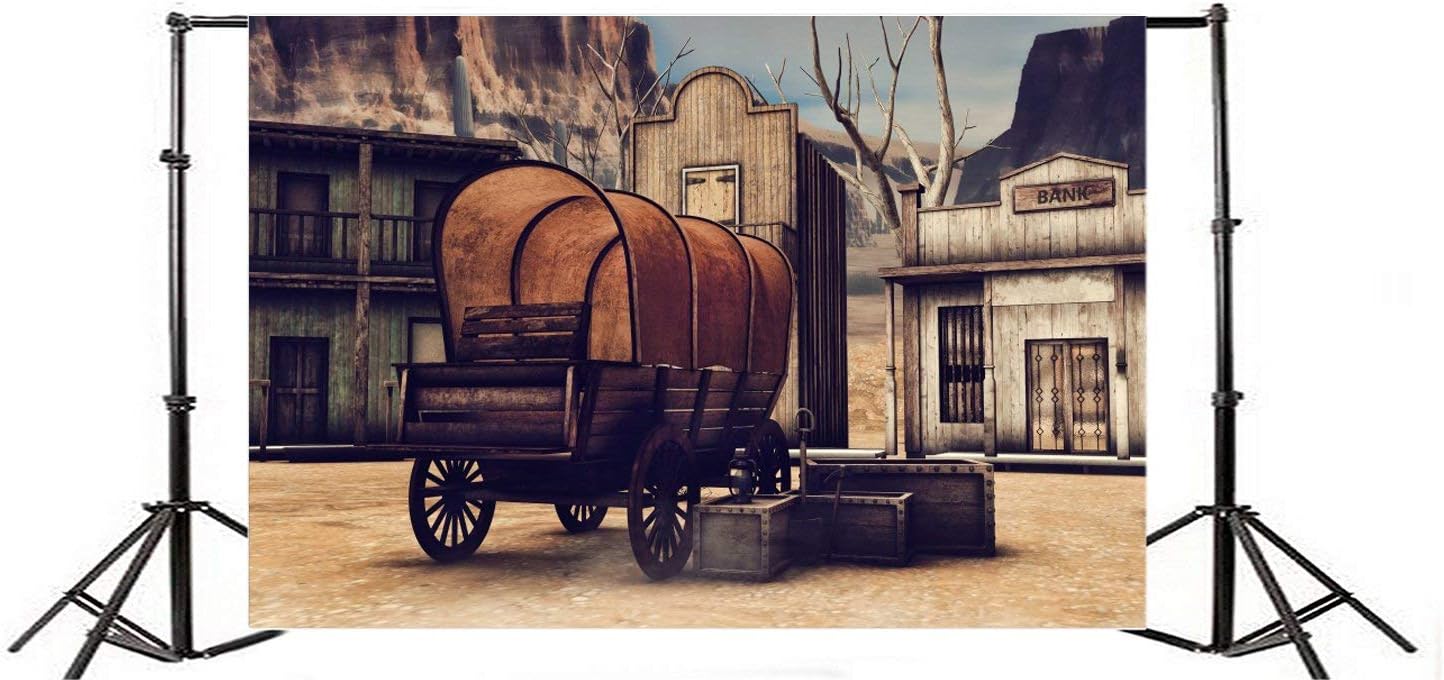 Laeacco Fondo occidental de madera de 7x5FT Fondo de fotografía de ciudad de madera Ancient Old Wagon Wild West Scene Banic House Wood Grunge