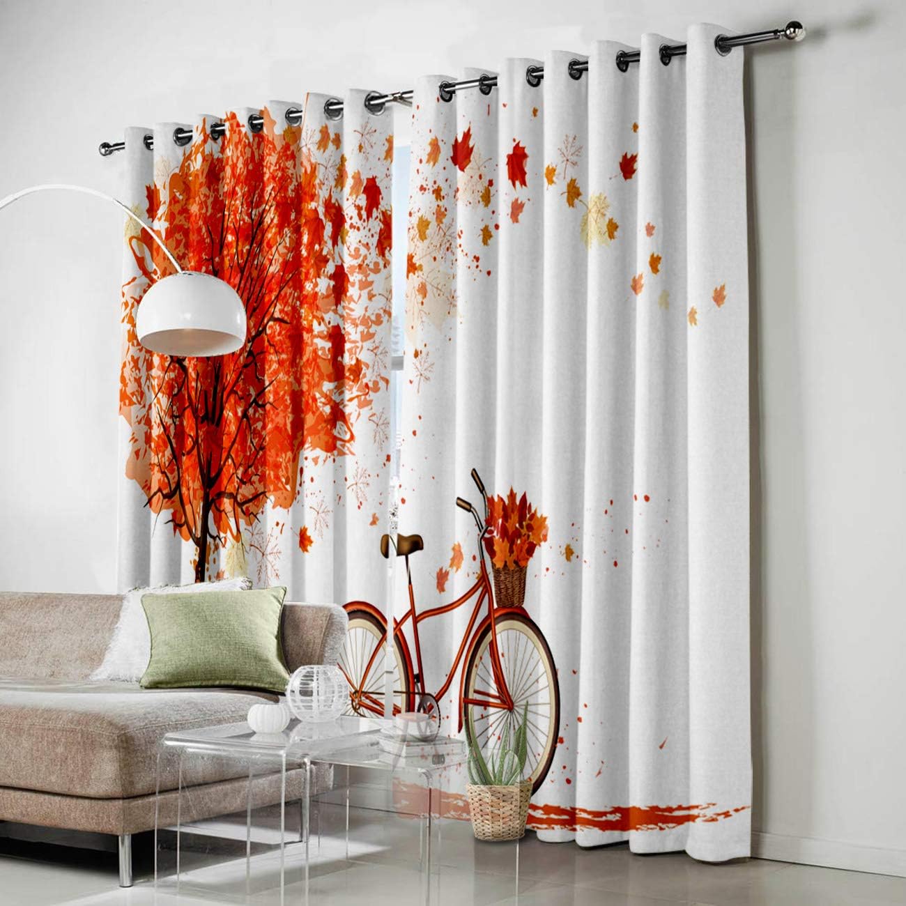 FortuneHouse Blackout Curtains Thermal Insulated Autumn red Maple Leaves and Bicycle Solid Pattern Metal Grommet Elegant Room Drapes Window Curtain