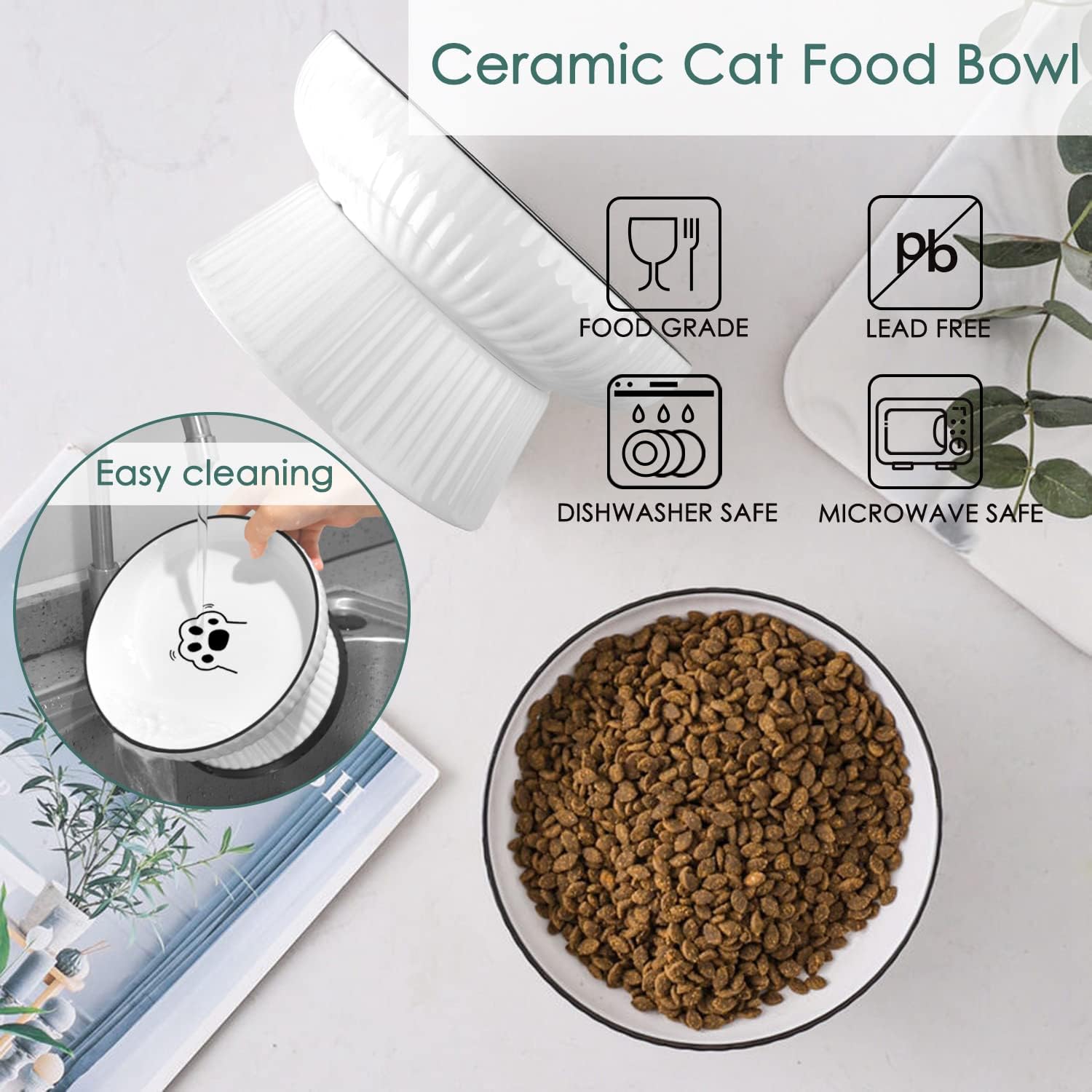 Cuenco elevado de cerámica grande para gatos, cuenco de agua elevado para gatos poco profundos con tira antideslizante para gatos y perros pequeños,