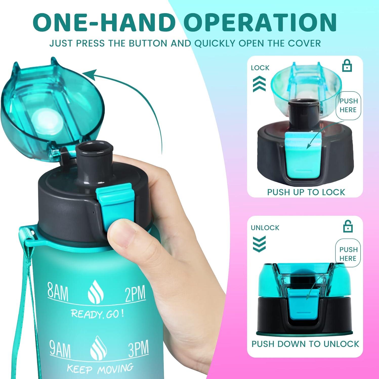 ZOMAKE Botella de agua motivacional de 32 onzas con tiempos para beber, marcador de tiempo y filtro extraíble, flujo rápido, jarra de agua Tritan