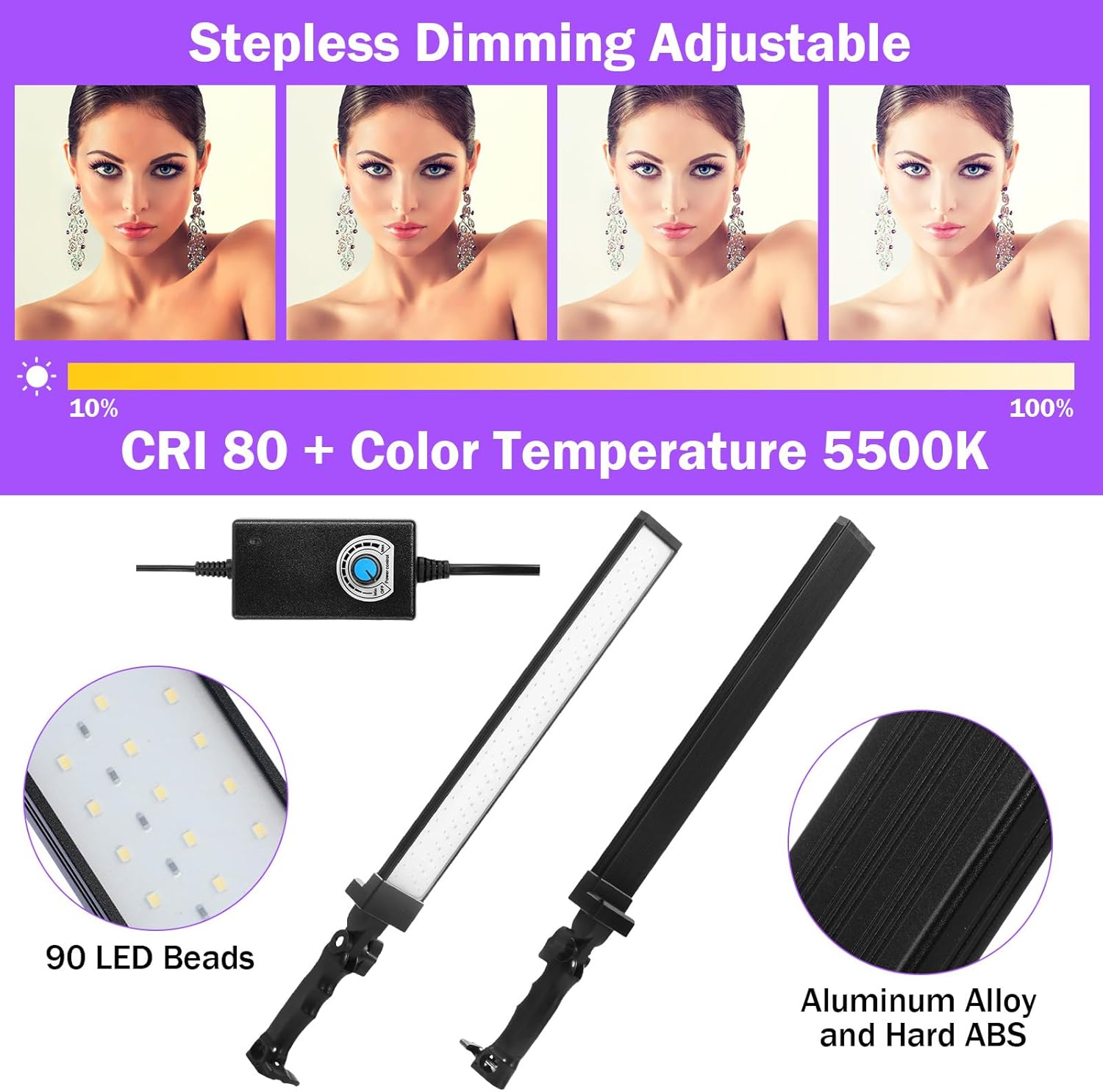 Paquete de 4 varitas de iluminación LED de video, luces de fotografía ajustables con trípode de 22 a 63, 9 filtros de color, 5500 K, 90 cuentas,