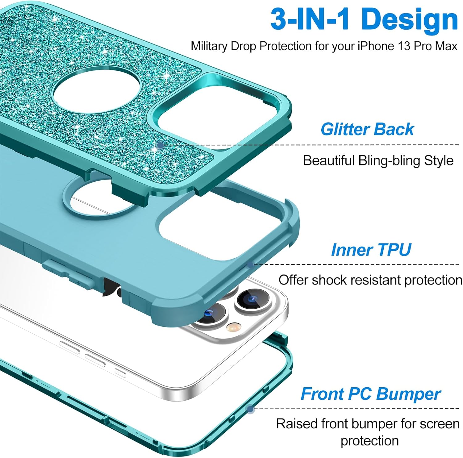Hython Funda para iPhone 13 Pro Max con purpurina, bonita funda brillante brillante, resistente 3 en 1, híbrida de policarbonato duro suave,