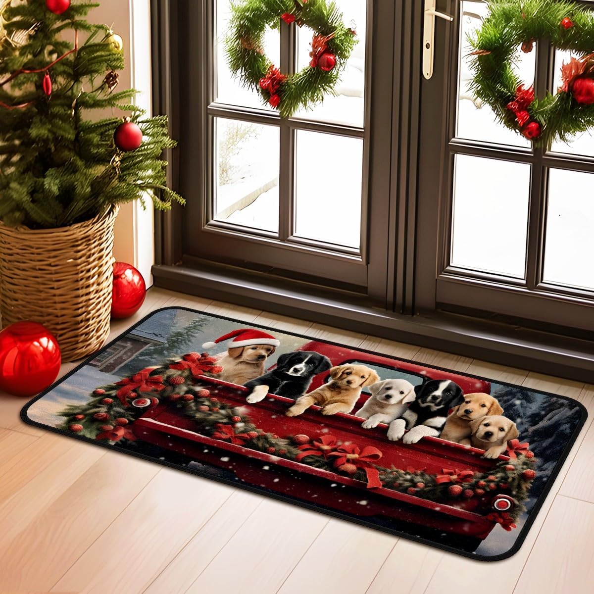 MSINMKOK Alfombra de pasillo de perros lindos de Navidad, alfombra roja lavable para lavandería, cocina, accesorios para el hogar, decoración de