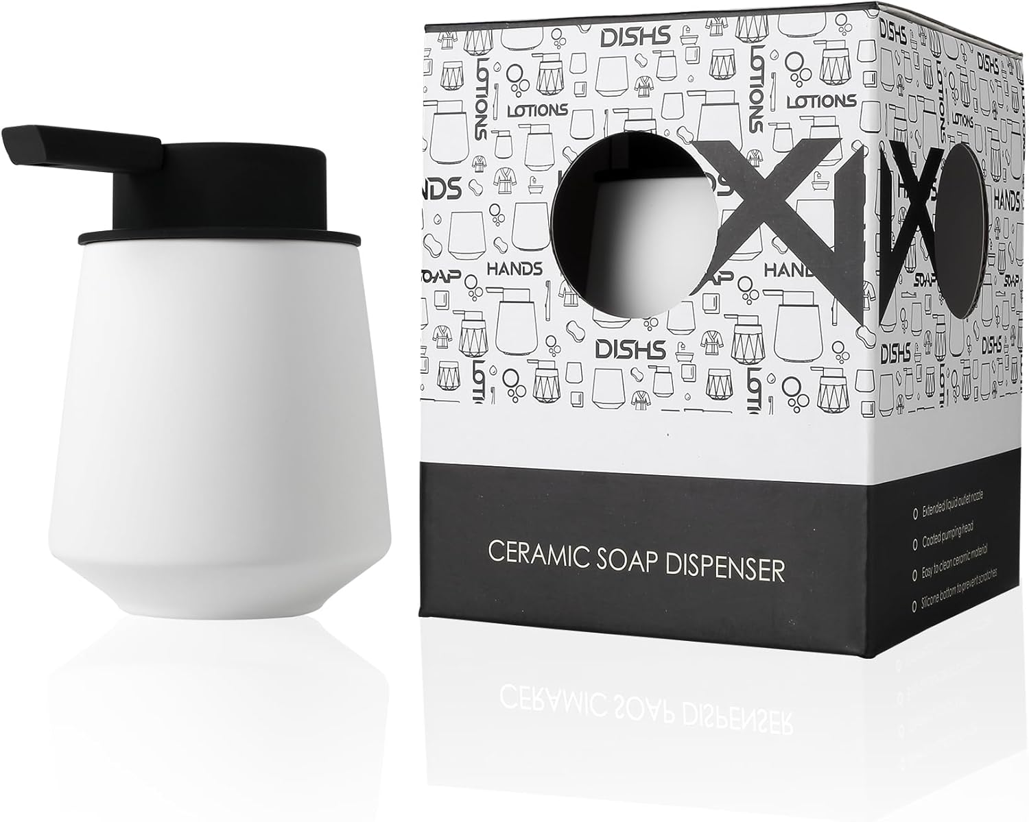 Dispensador de jabón espumoso, dispensador de jabón de manos de cerámica de 12 oz11.8 fl oz para baño, dispensador de jabón líquido pequeño blanco