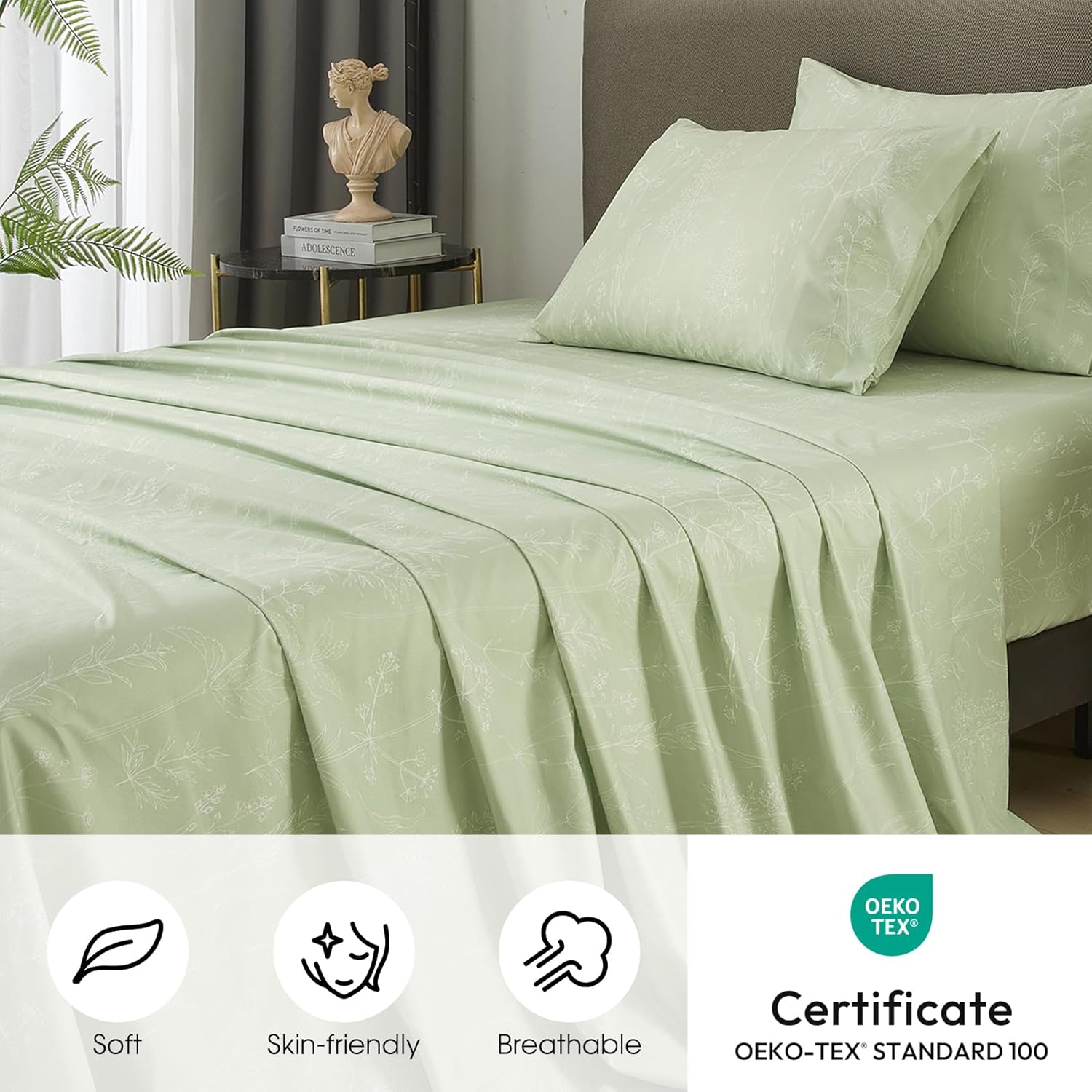 Hyprest Sábanas de cama verde salvia, bolsillo profundo de 18 pulgadas, tamaño King, sábanas con patrón floral verde, sábanas suaves estilo granja,