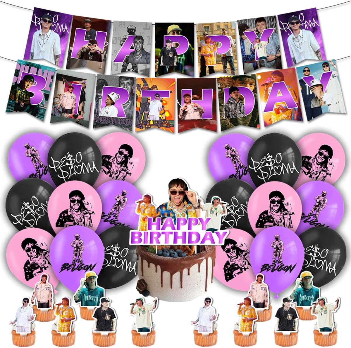 Celebra la fiesta de cumpleaños estilo Peso Pluma  Decoraciones de fiesta incluyendo pancarta, globos, decoración de pastel y adornos para cupcakes