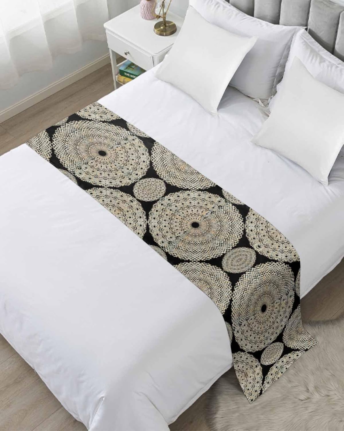 Caminos de cama geométricos bohemios para cama de tamaño Queen, mantas decorativas para pie de cama, color negro clásico moderno arte abstracto,