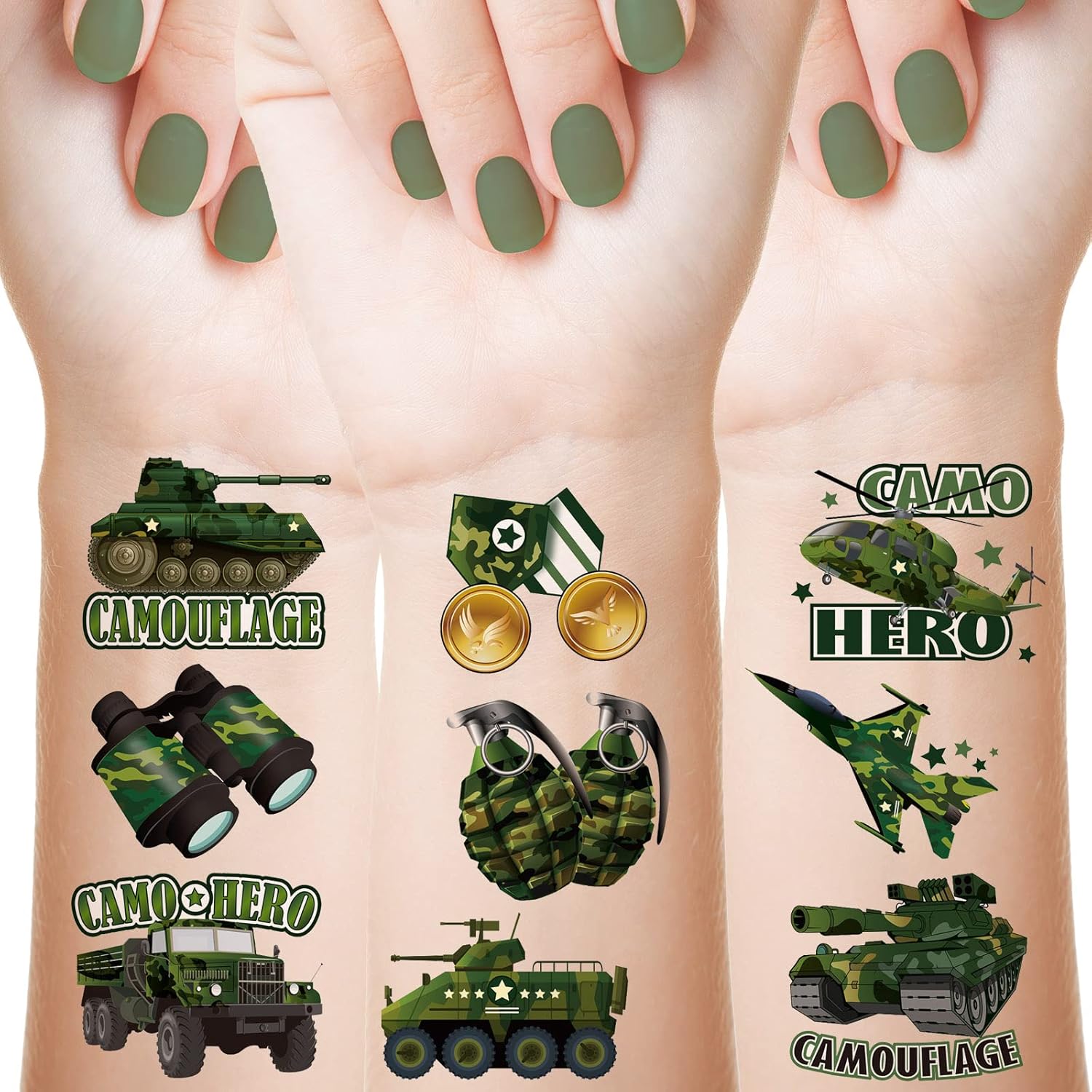 144 hojas de tatuajes de camuflaje camuflaje del ejército recuerdos de fiesta militar tanque helicóptero tatuajes falsos pegatinas para hombres y