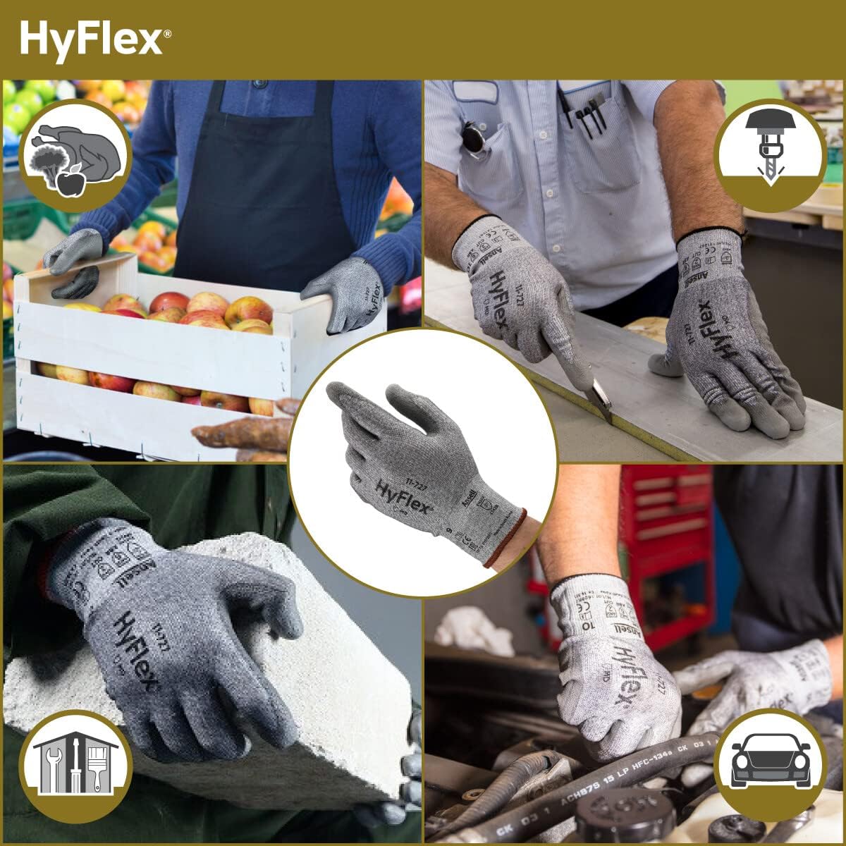 Hyflex Ansell 11-727 – Guantes industriales ultraligeros resistentes a cortes con palma reforzada