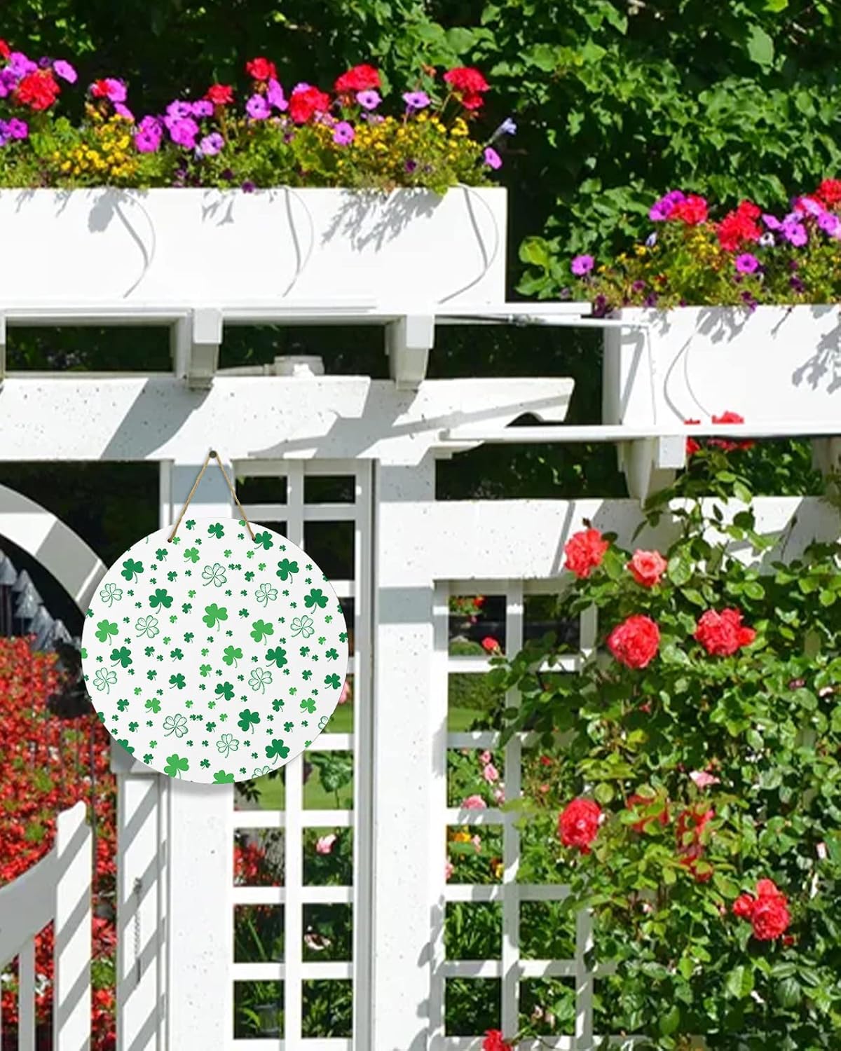 Welcome Sign for Front Door Decoration, St. Patrick’s Day Shamrock Clover Spring 10 Inch Wreaths Hanging Sign Plaque Holiday Decor for Porch Garden