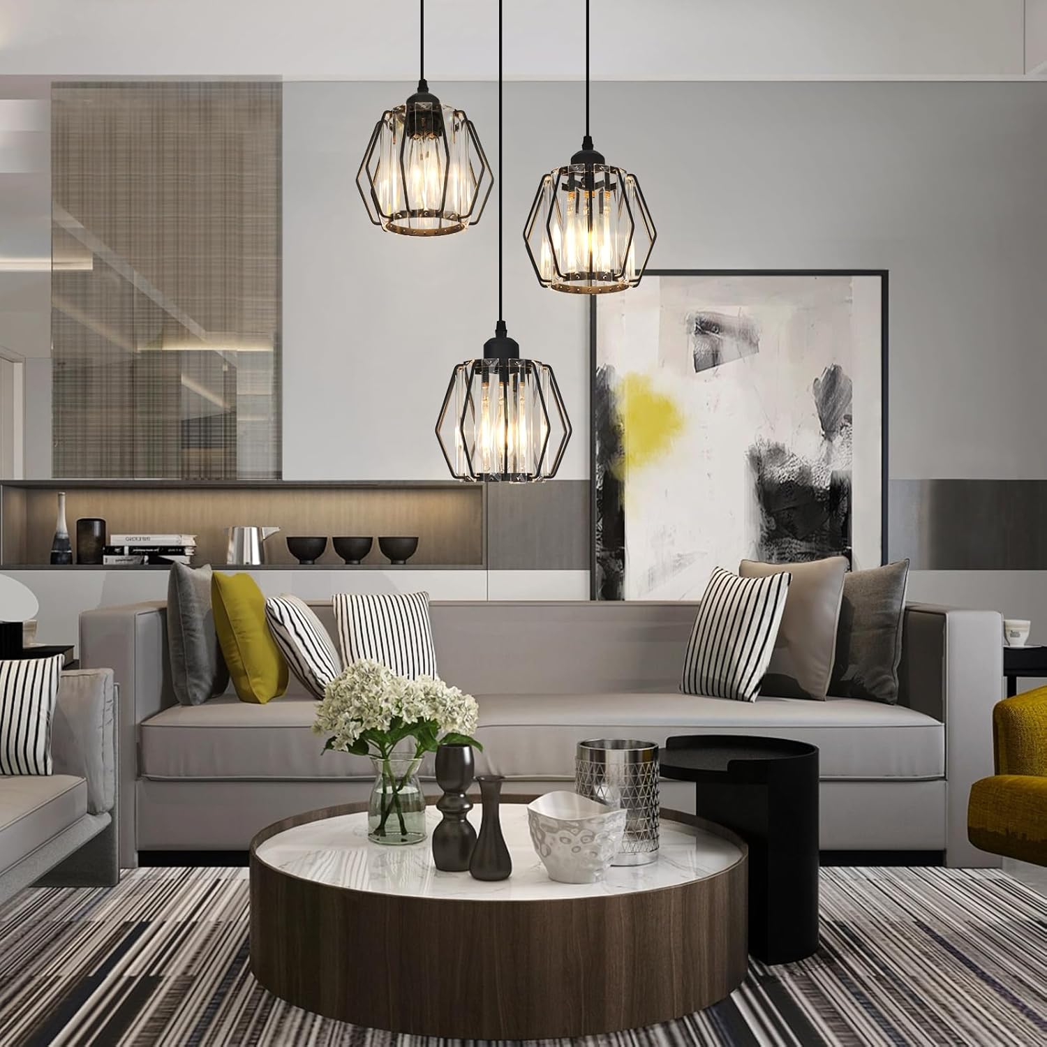 ADISUN Lámpara colgante de cristal para isla de cocina con forma de diamante, luz negra moderna de isla de cocina para bombilla E26, elegante mini