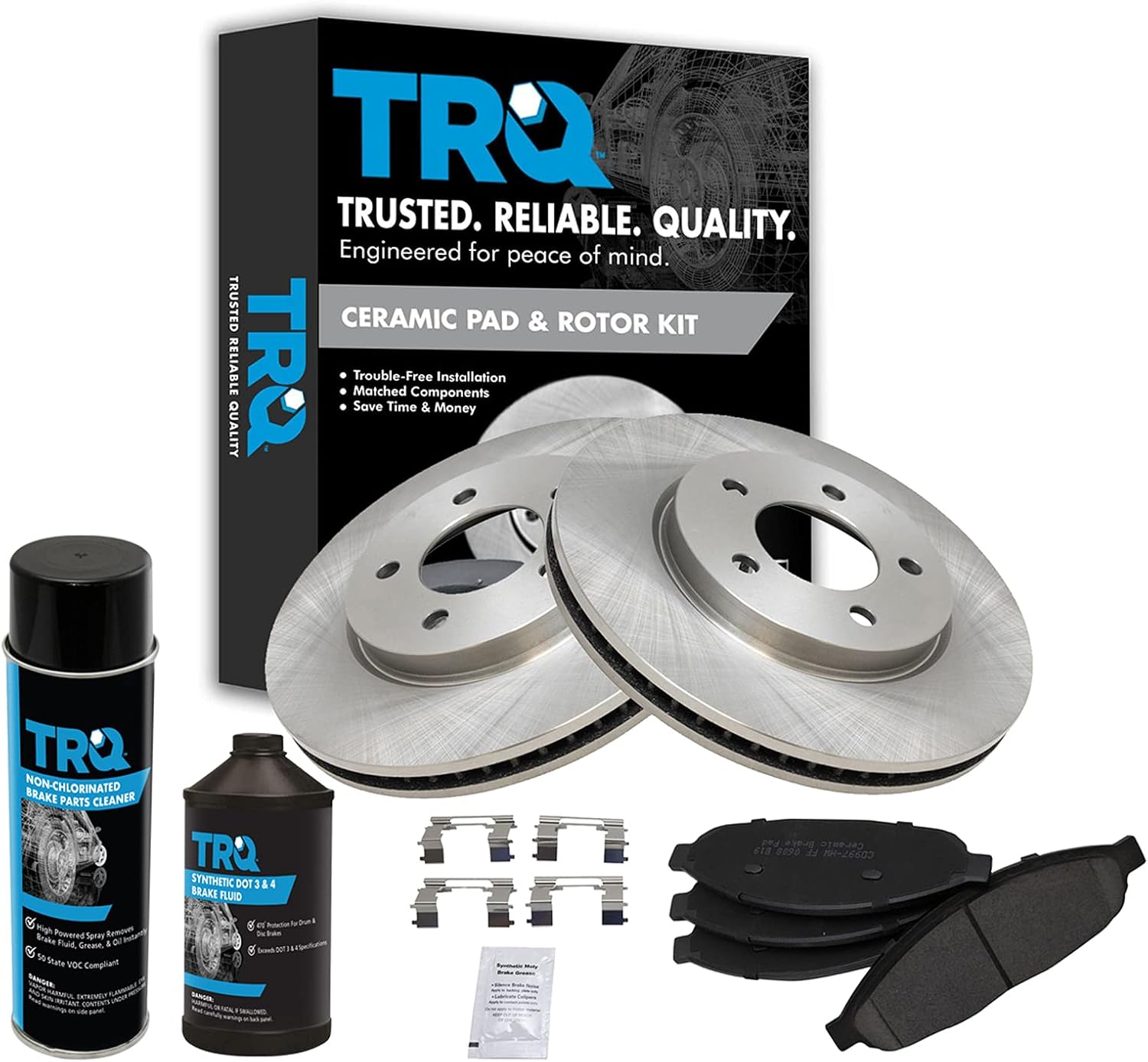 TRQ Kit de pastillas de freno de disco delantero y rotor con productos químicos compatibles con Pacifica 04-08