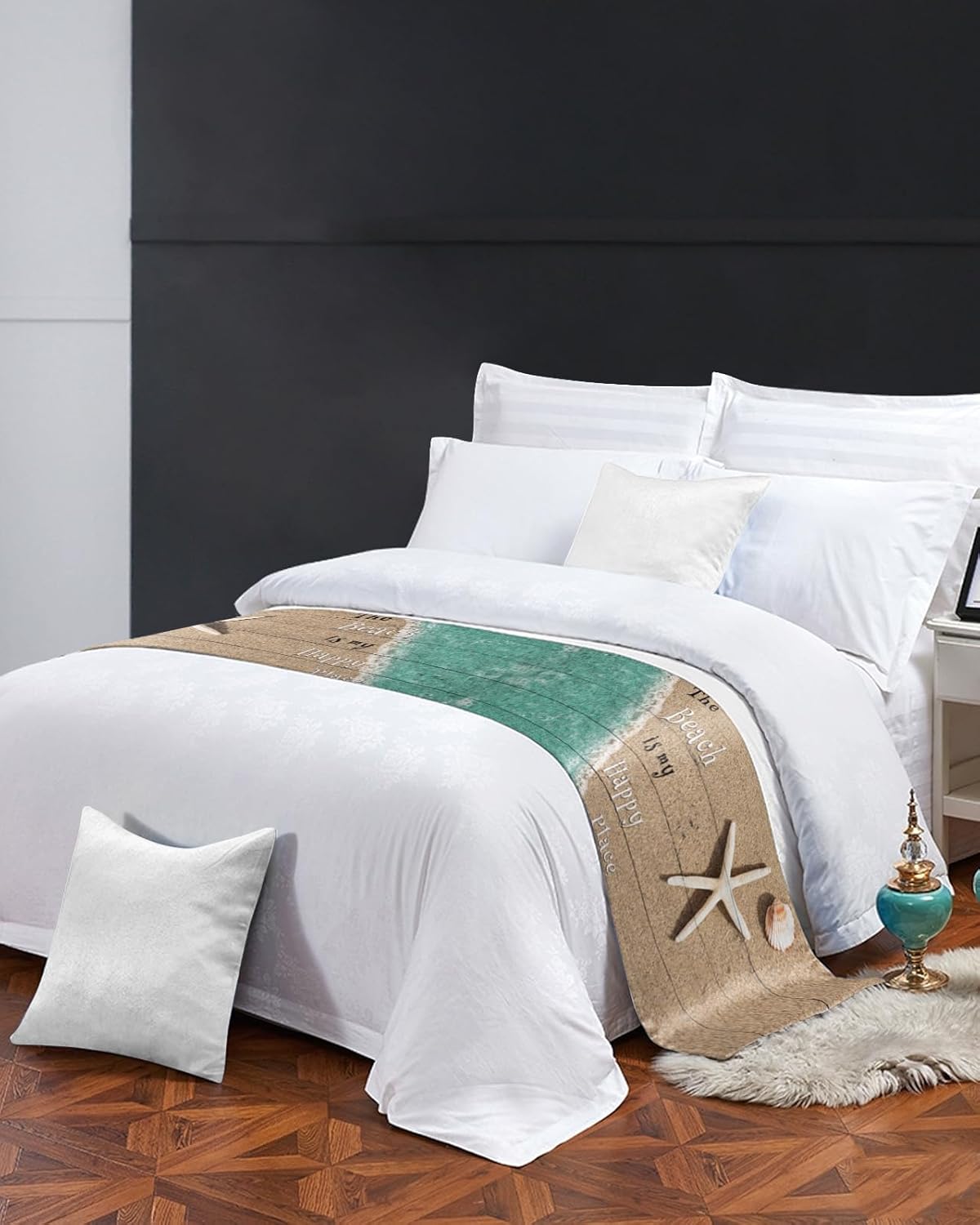 ZFUNCING Caminos de cama con estrellas de mar y conchas del océano costero para dormitorio, hotel, decoración de ropa de cama con texto en inglés