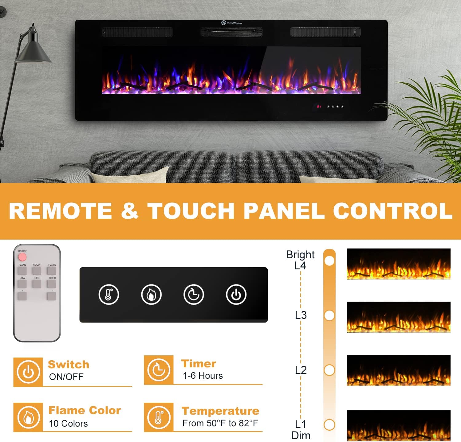 Chimenea eléctrica de 40 pulgadas, calentador de chimenea fresco al tacto, chimeneas empotradas y montadas en la pared con temporizador, control