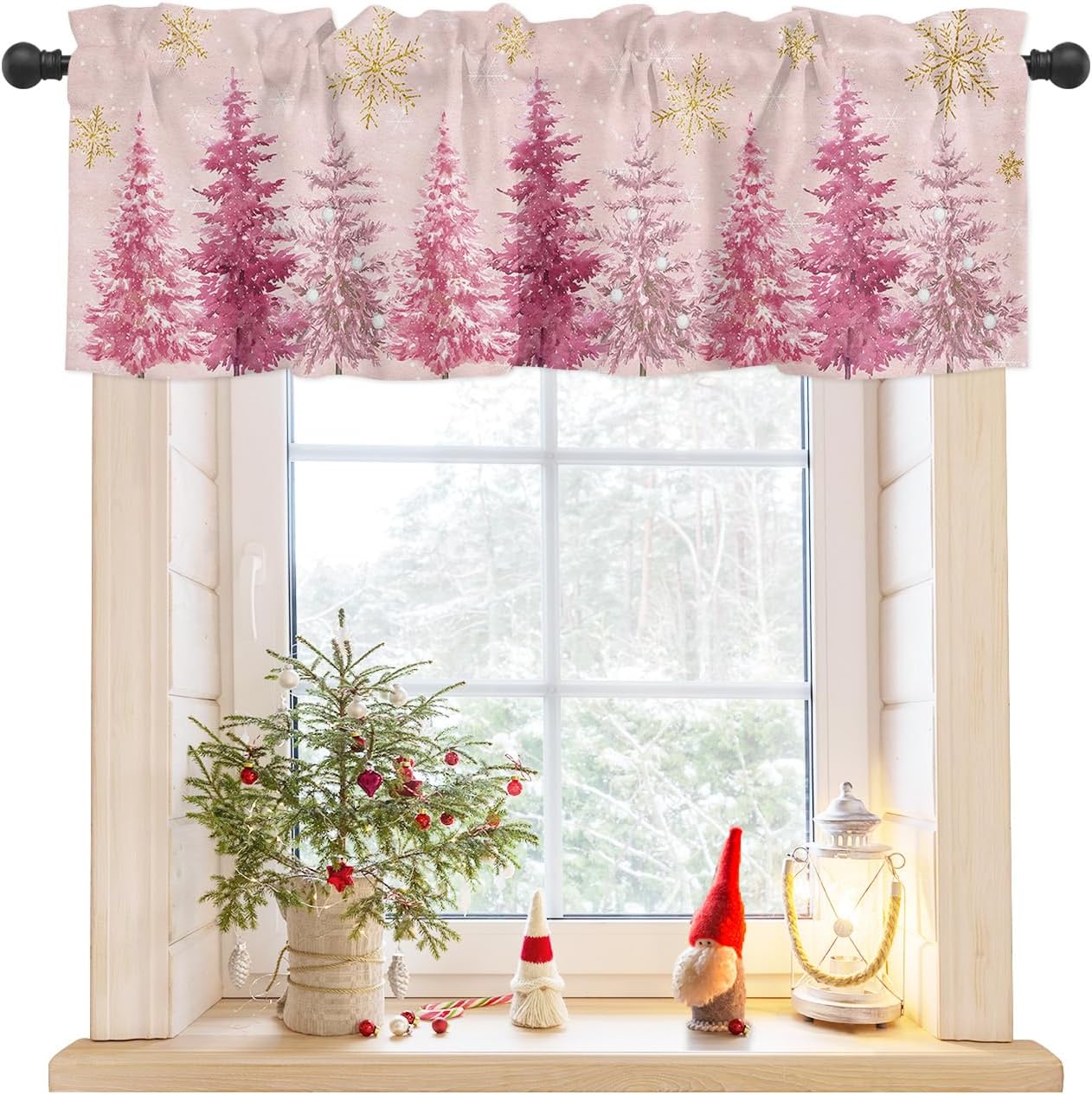 Cortinas de árbol de Navidad rosas para ventanas de sala de estar, cortinas de copo de nieve de invierno y cenefas para dormitorio, cortinas de