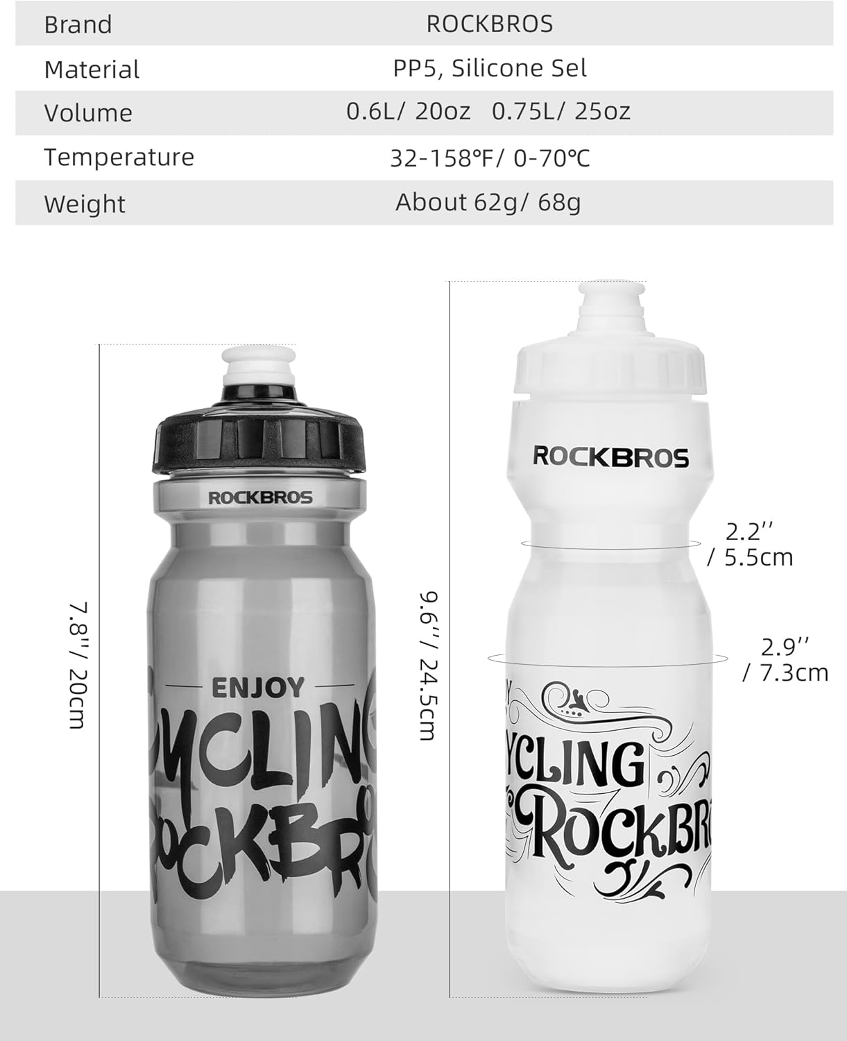 ROCKBROS Botella de agua para ciclismo, botella de agua deportiva de 20 a 25 onzas, sin BPA