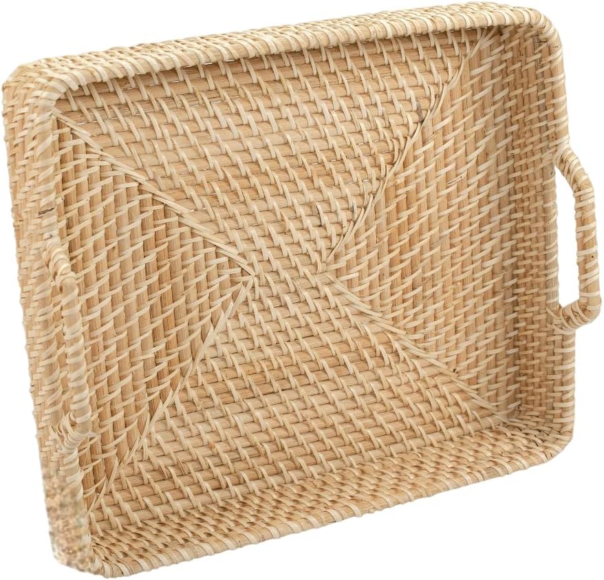 Bandeja de ratán tejida a mano con asas para desayuno, bebidas, refrigerio para comedormesa de café (color natural, grande)
