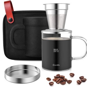 Oranlife Juego de cafetera para viajescampamentossenderismo, taza individual, filtro de café de acero inoxidable, taza de vidrio de borosilicato de Oranlife Juego de cafetera para viajescampamentossenderismo, taza individual, filtro de café de acero inoxidable, taza de vidrio de borosilicato de