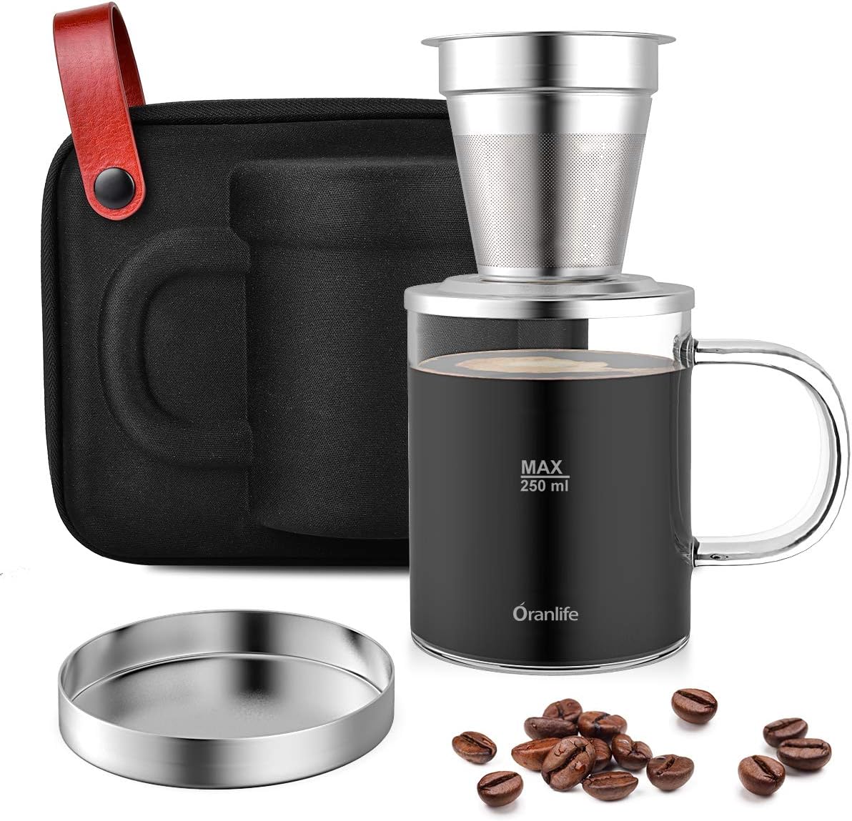 Oranlife Juego de cafetera para viajescampamentossenderismo, taza individual, filtro de café de acero inoxidable, taza de vidrio de borosilicato de