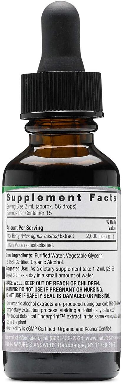 Nature’s Answer Chaste Berry Vitex Agnus Castus con alcohol orgánico 2000 mg de extracto de 1 onza  Promueve el equilibrio femenino  Sin gluten, sin