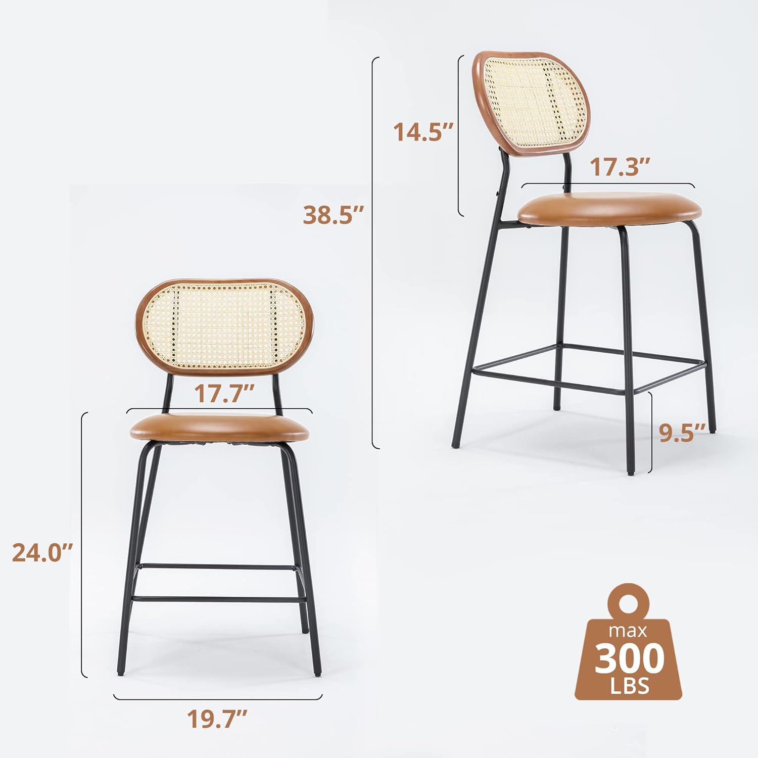LUE BONA Juego de 2 taburetes de mimbre de piel sintética, respaldo de ratán y madera con patas de metal, modernos taburetes de bar tapizados
