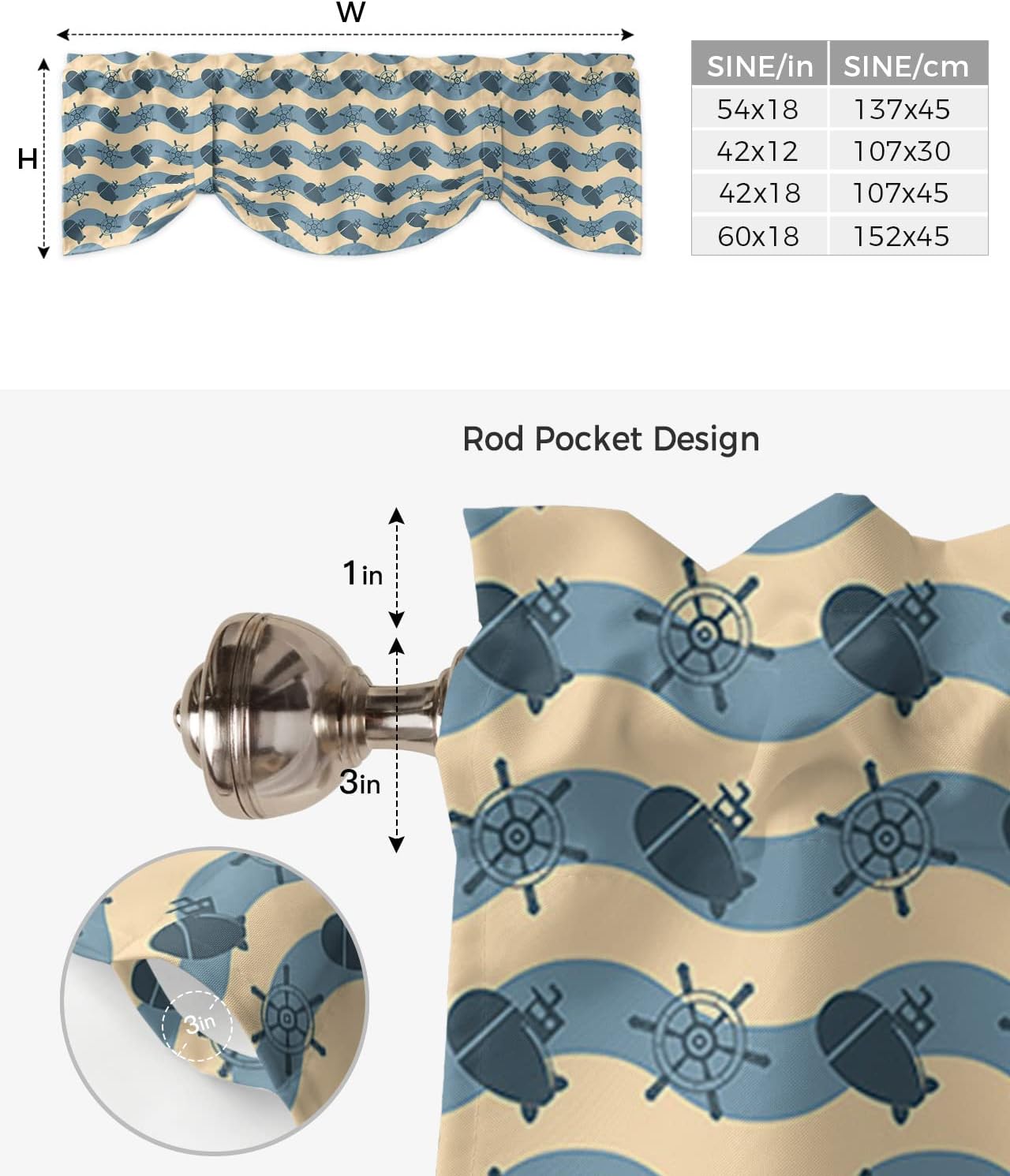 Cenefa de amarre para ventanas, diseño náutico océano profundo con dibujos animados abstractos submarinos, cenefas con bolsillo para barra, cortinas