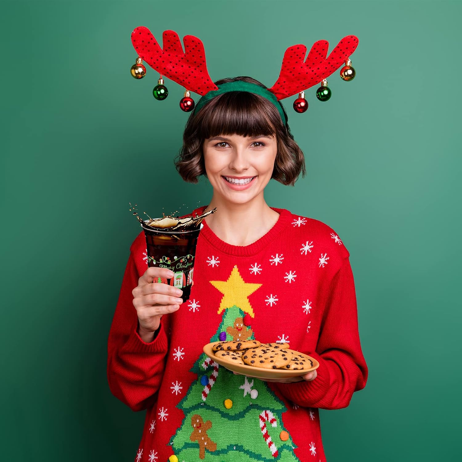 Meanplan 30 vasos de Navidad de 16 onzas desechables de plástico para suétercopos de nieve para decoración de fiestas de Navidad (suéter)
