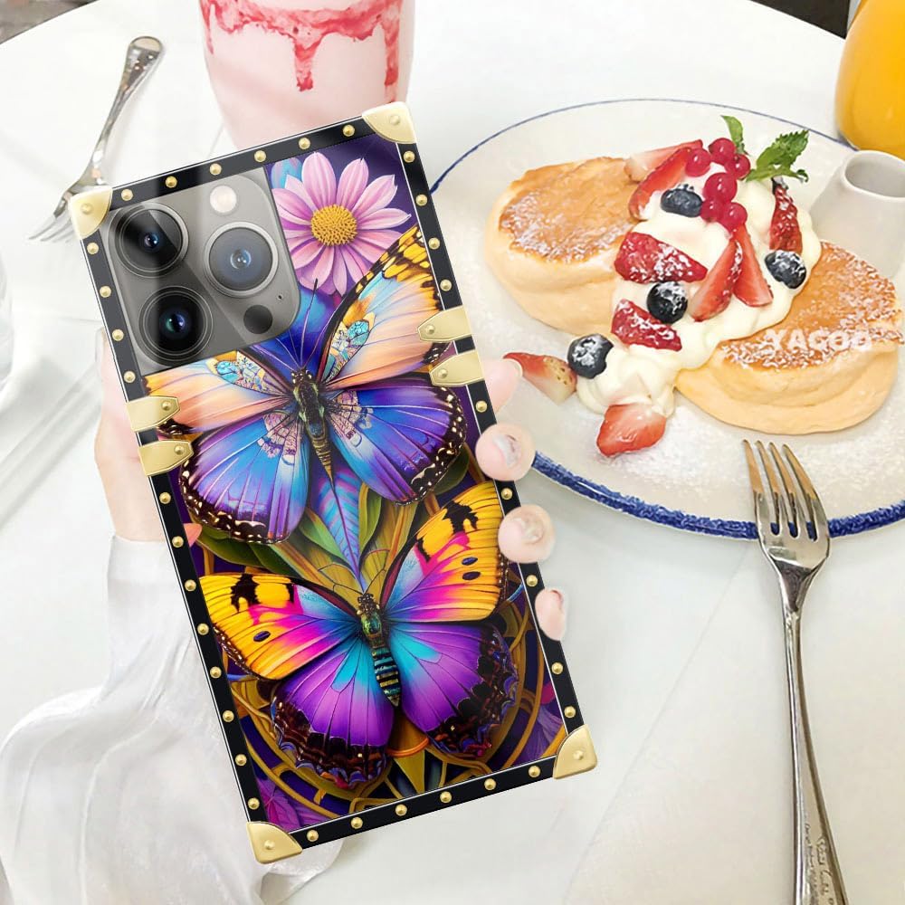 Funda cuadrada compatible con iPhone 15 Pro Max (6.7 pulgadas), hermosa mariposa Flosers dorada, de lujo, suave TPU duro, parte trasera de