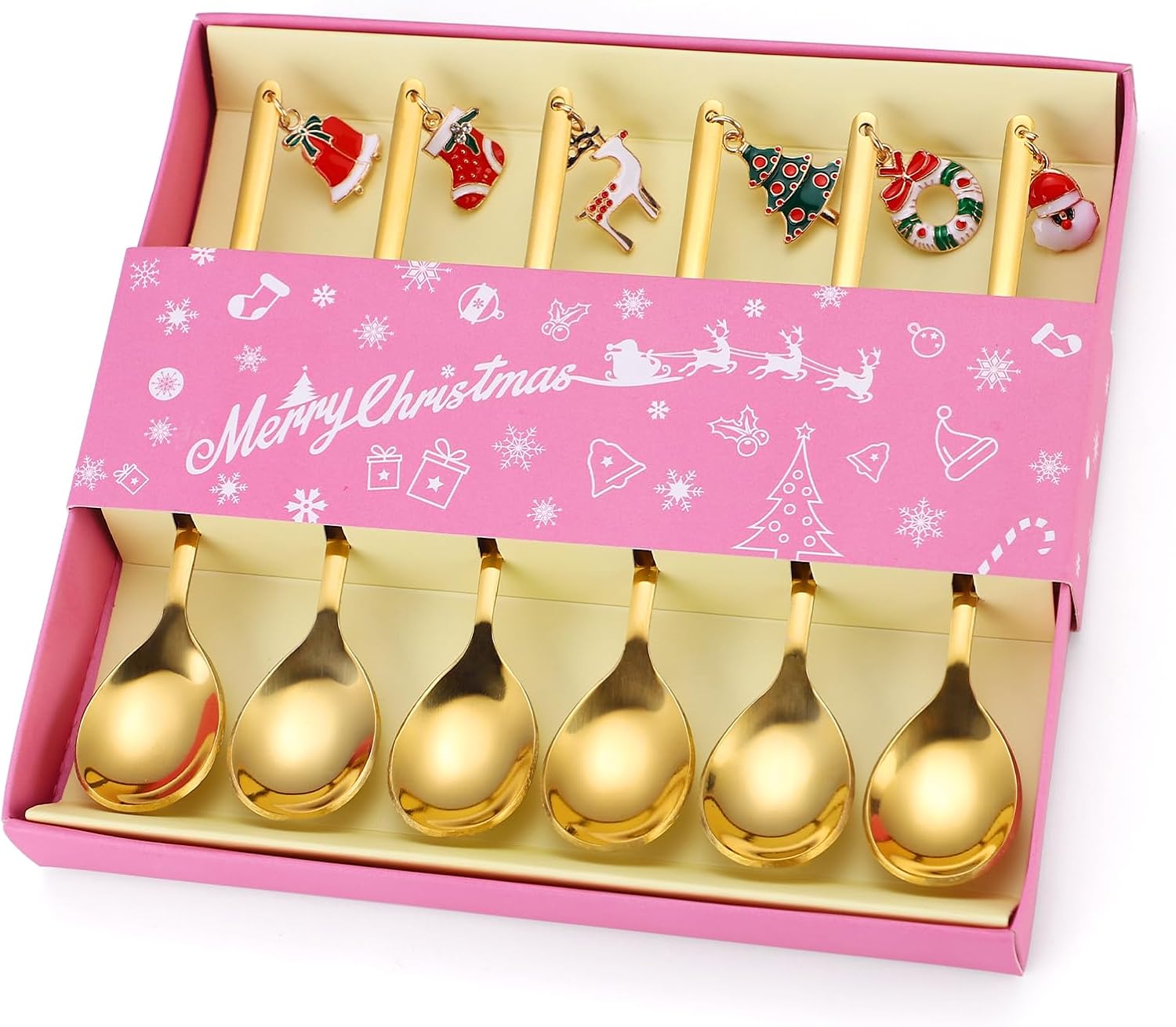 Cucharas de café doradas de acero inoxidable para Navidad, regalo de Navidad para decoraciones festivas, juego de 6 para revolver el té y utensilios
