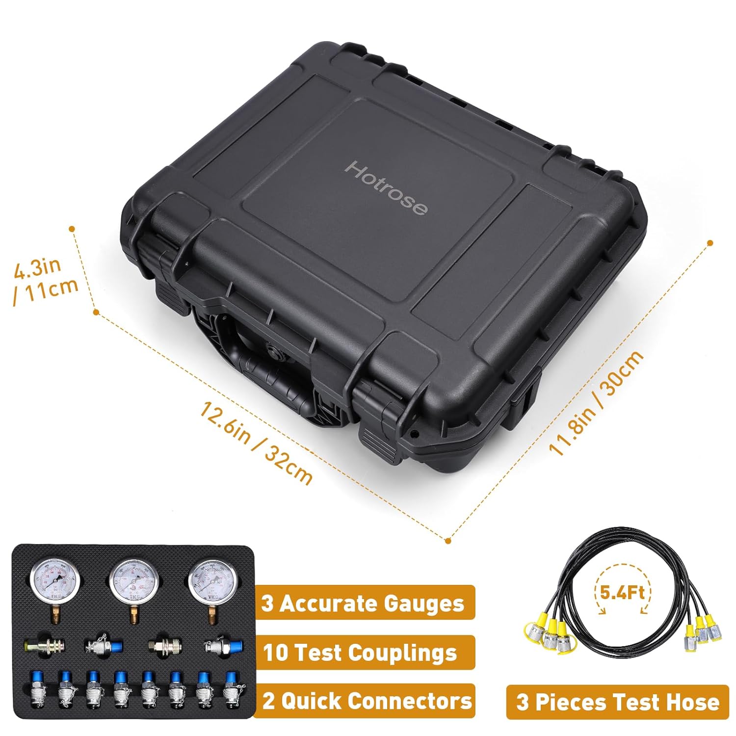 Kit de prueba de presión hidráulica, 600 bares8700 psi60 mpa, 3 calibradores, 12 conectores en T, 3 mangueras de prueba, kit de calibre hidráulico,
