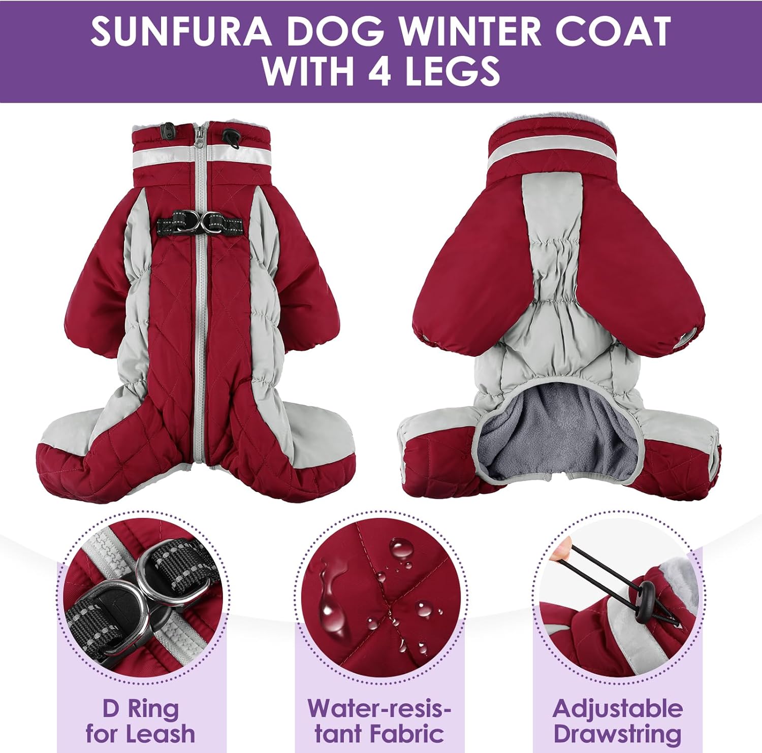 SUNFURA Abrigo de cuatro patas para perro, chaqueta de forro polar cálido para perro, abrigos de invierno reflectantes con arnés, resistente al