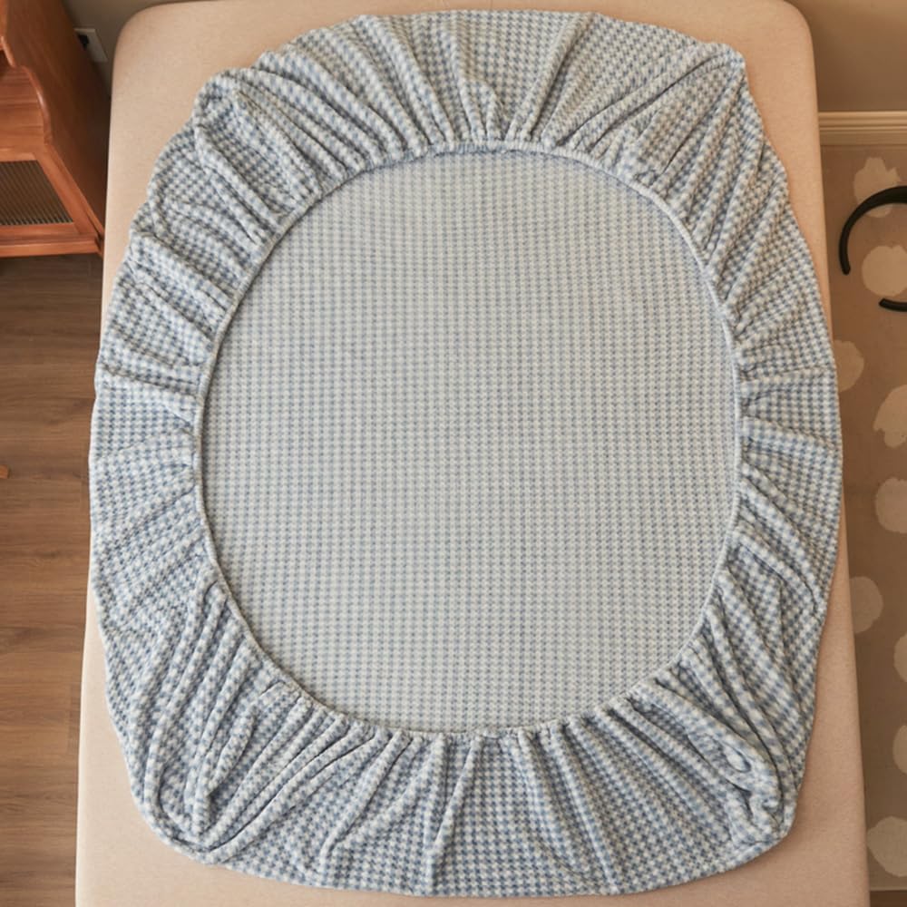 Mengersi Juego de sábanas de felpa de terciopelo, juego de sábanas simples con estampado de vellón a cuadros, acogedoras y cálidas (Queen, azul