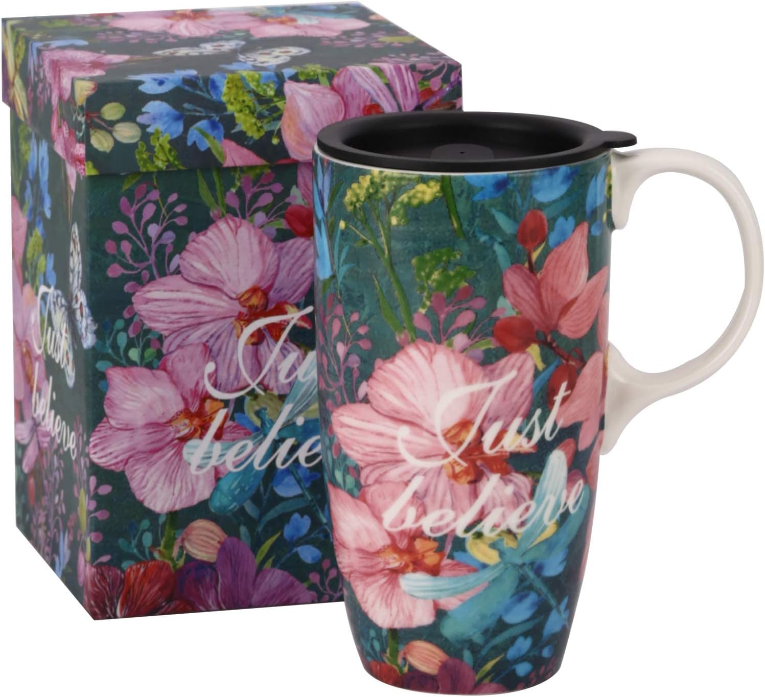DUSVALLY Taza de cerámica grande taza de café alta tazas de viaje taza de té con leche de porcelana con tapa y caja de color 17oz, simplemente cree,