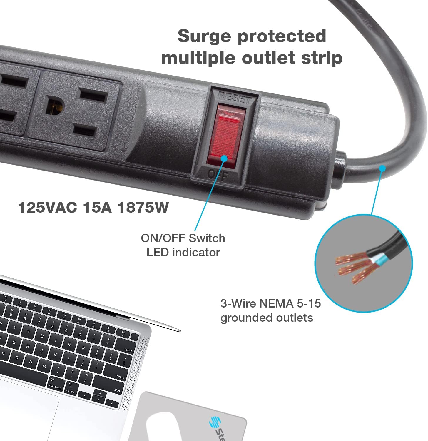 STEREN Tira protectora de sobretensiones de plástico, 6 salidas, cable de 3 pies, enchufe de ángulo recto, 240 julios, negro 905-132
