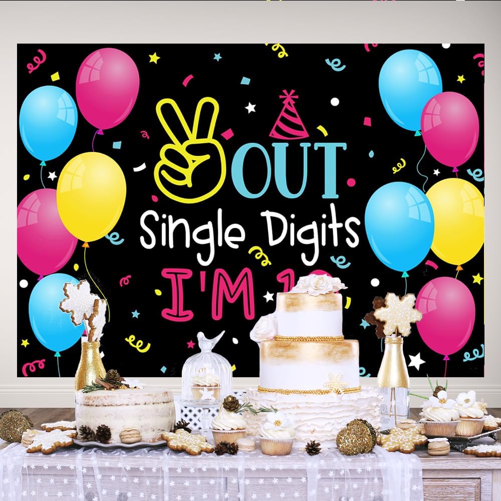 Lofaris Fondo de 7 x 5 pies con un solo dígito con texto en inglés “I’m 10” Happy Birthday para niños, niños o niñas, globo de colores de doble