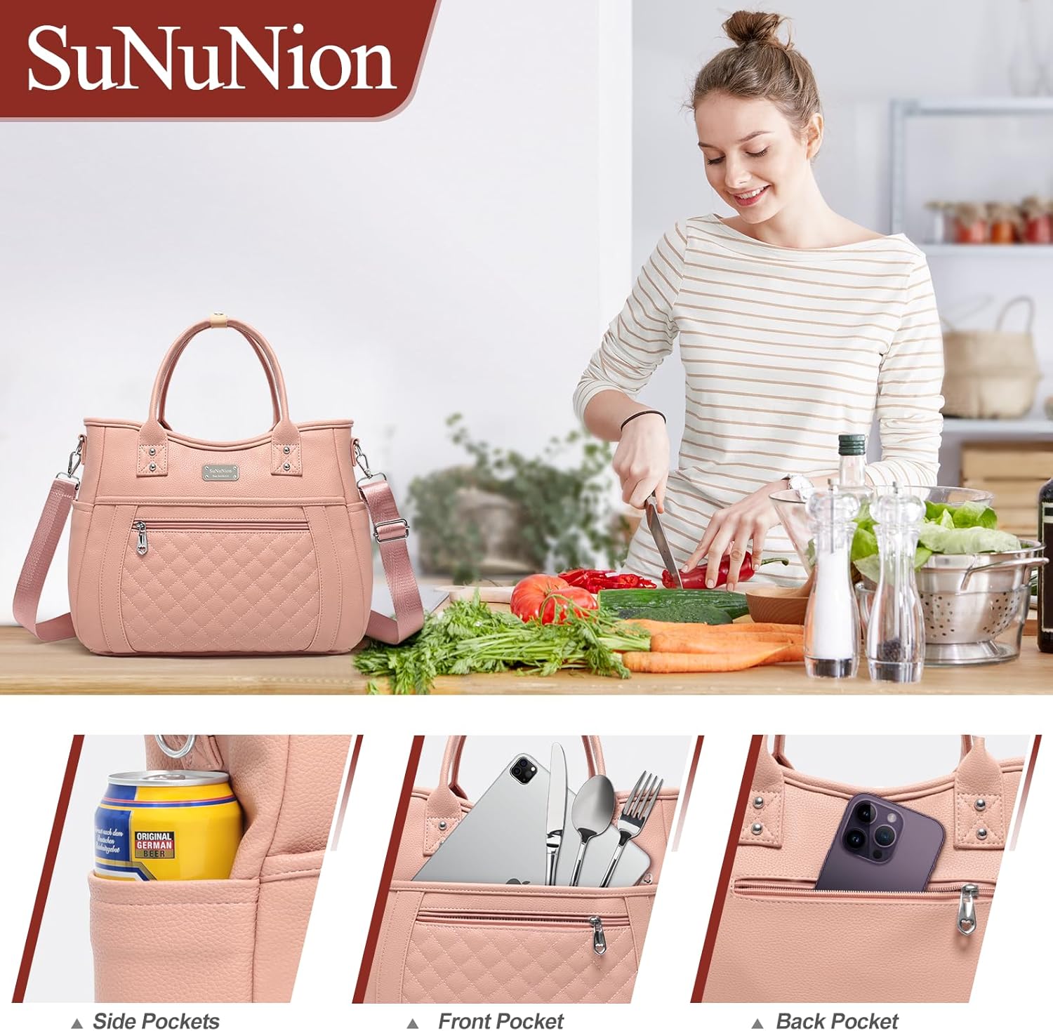 Bolsa de almuerzo para mujer, aislada, a prueba de humedad, de piel sintética, grande, a prueba de fugas, congelable, reutilizable, portátil, para