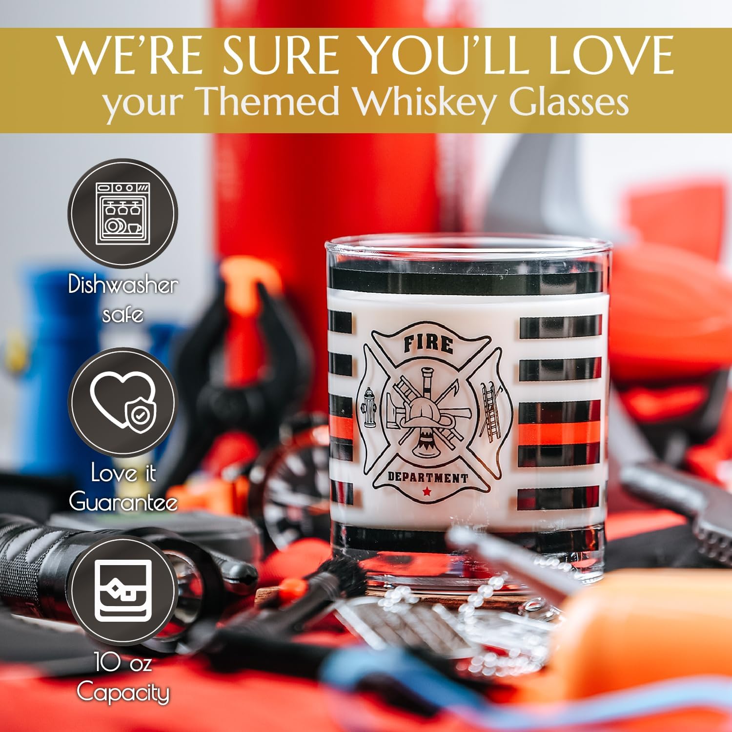 Greenline Goods Thin Red Line – Vasos de whisky de bombero, estilo antiguo, juego de 2, 10 onzas, vasos clásicos de vidrio con gráficos de bandera