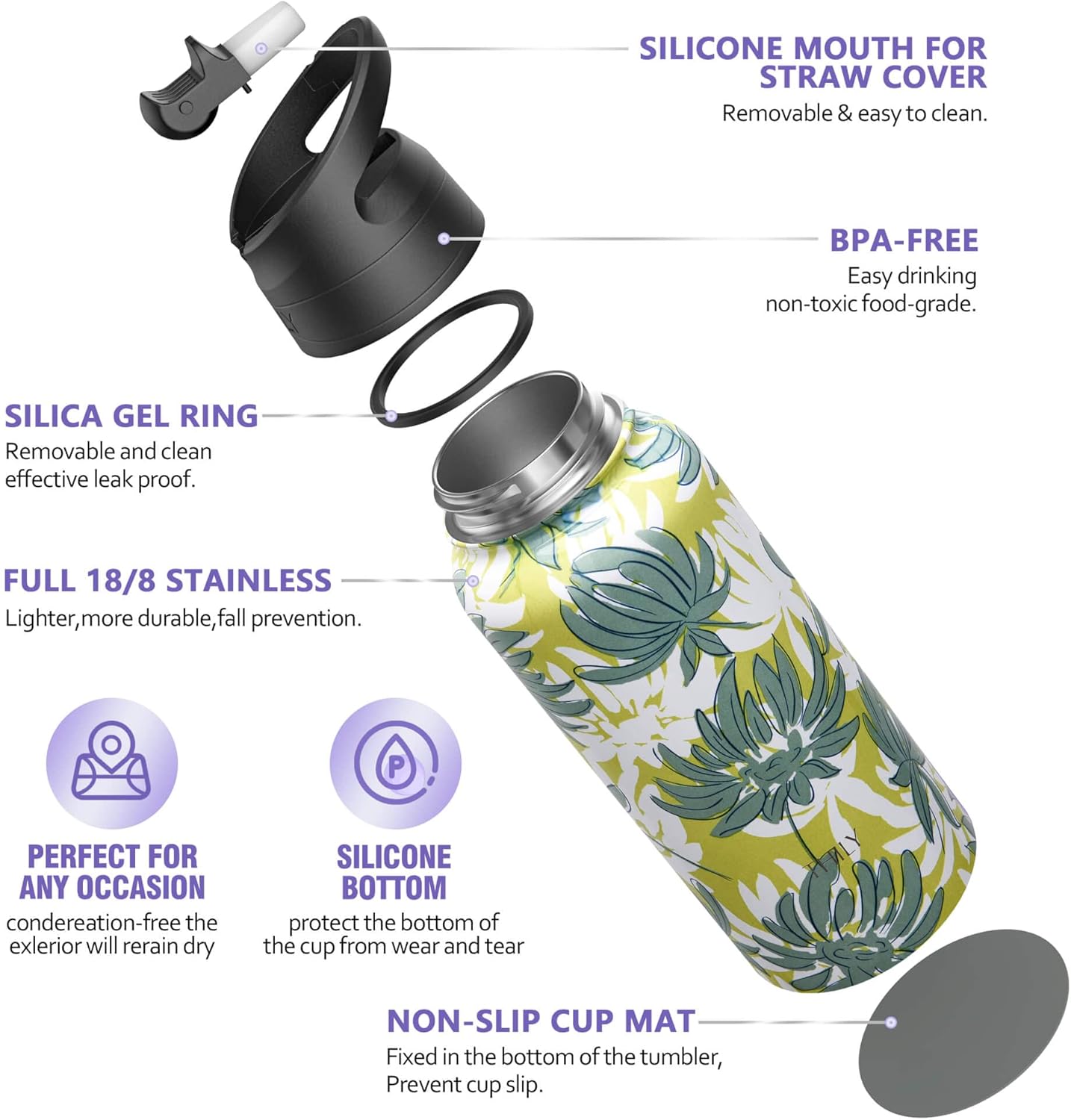 THILY – Botella de agua aislada de acero inoxidable, con triple aislamiento, 32 onzas, a prueba de fugas, boca ancha, reutilizable, con 2 tapas y