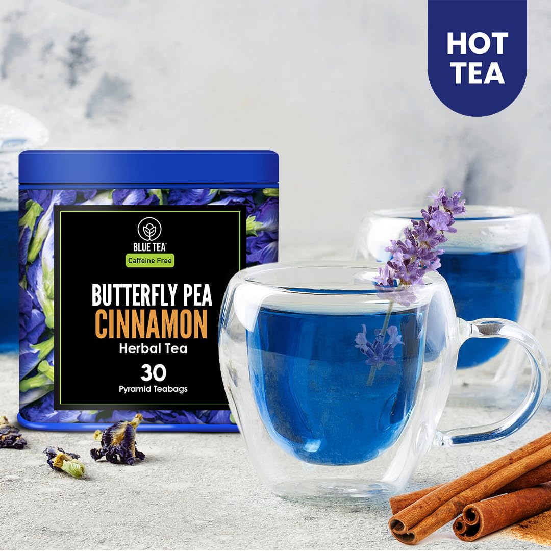 BLUE TEA – Té de hierbas de canela con flor de guisante de mariposa – 30 bolsas de té  FARM FRESH  Sin cafeína – Sin gluten – Sin OMG – Paquete de