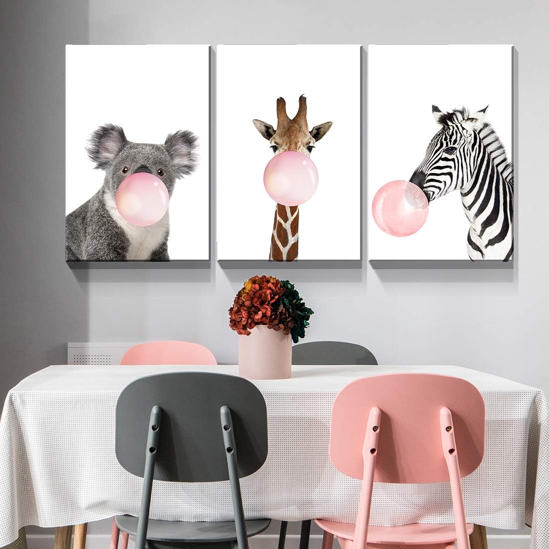 Denozer – 3 paneles de arte en lienzo para la pared – Jirafa cebra koala rosa goma de mascar animales, arte moderno para decoración del cuarto del