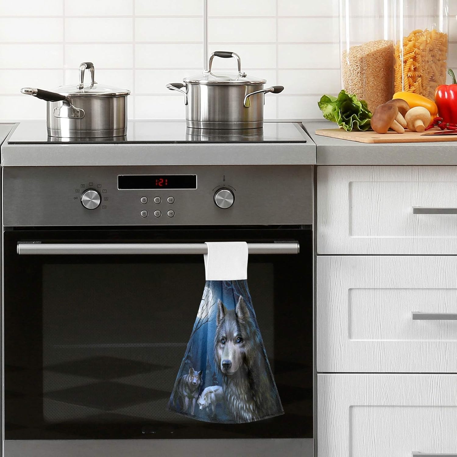 ALAZA Toallas de cocina Dark Night Wolf y Luna Llena, paños de cocina con lazo para colgar, paquete de 2