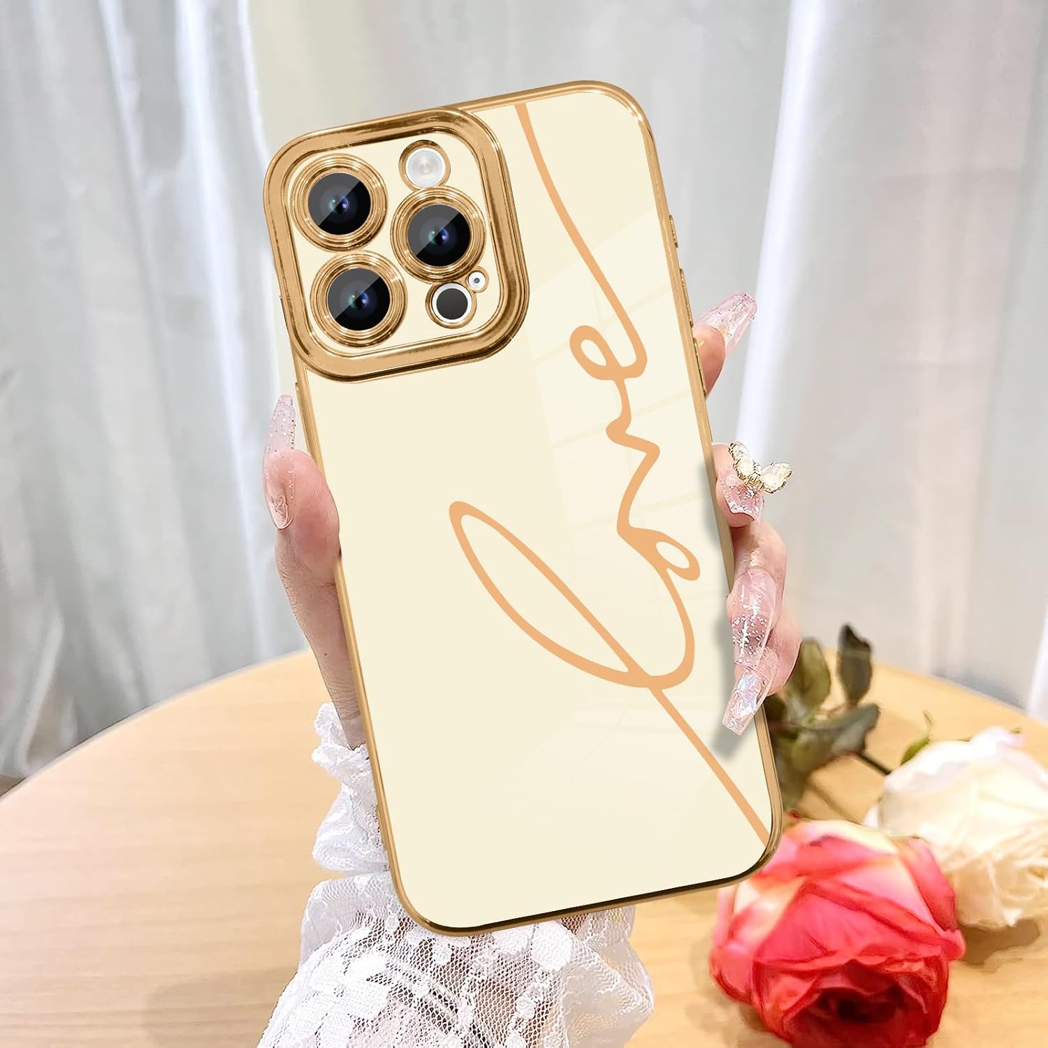 Fiyart Diseñada para iPhone 14 Pro Max, bonita funda chapada en amor para mujeres y niñas, con protector de pantalla, protector de cámara, cubierta