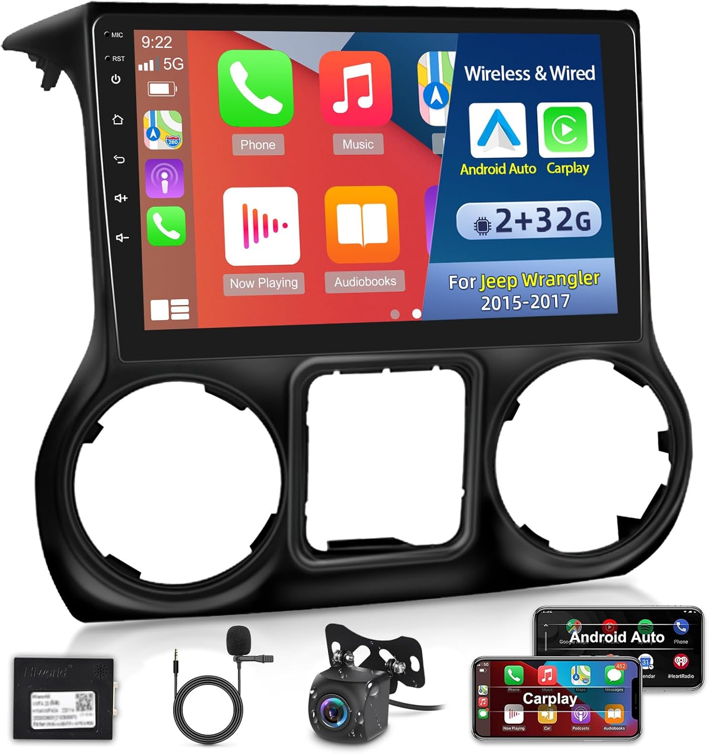 Radio inalámbrica Apple Carplay Android para automóvil para Jeep Wrangler 2015-2017, 2+32G 10.1 pulgadas pantalla táctil con Android AutoDSPGPSWiFi