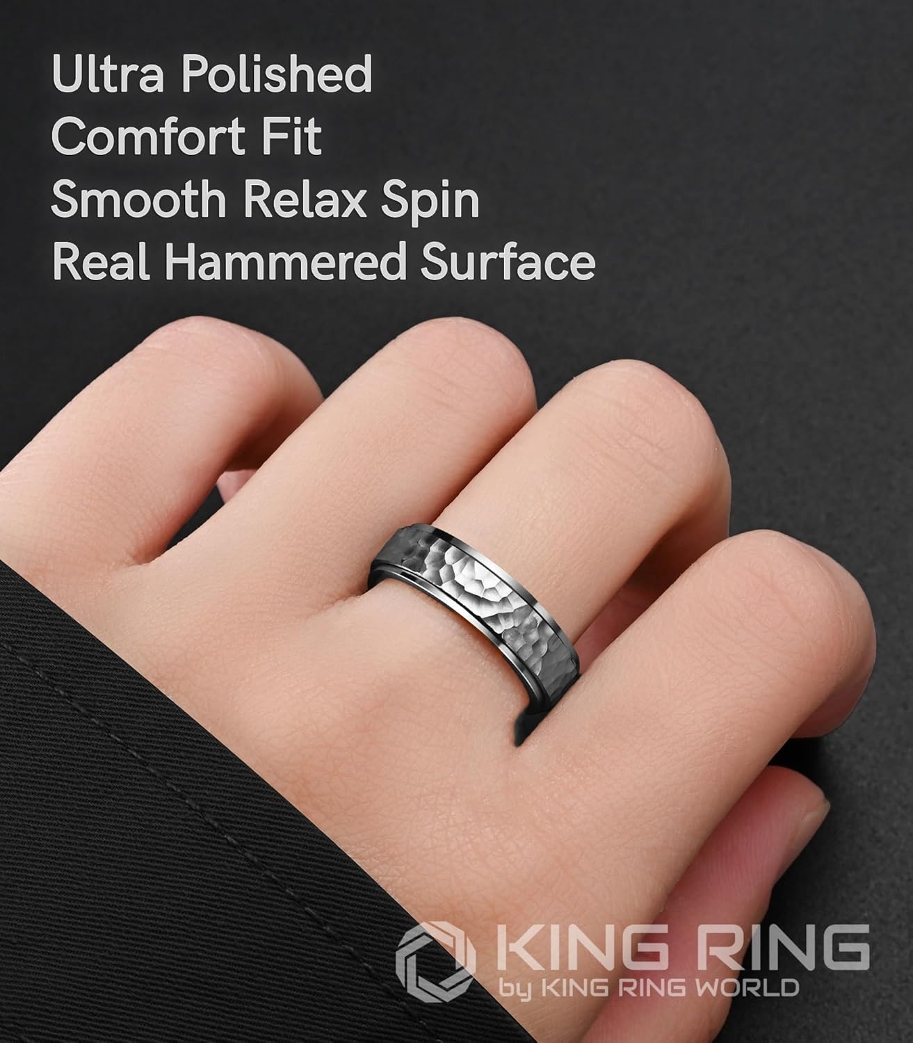 King Ring 6mm Hammered Spinner Ring  Fidget Ring for Stress Relief, Stainless Steel Ring for Men & Women  Designed in USA
