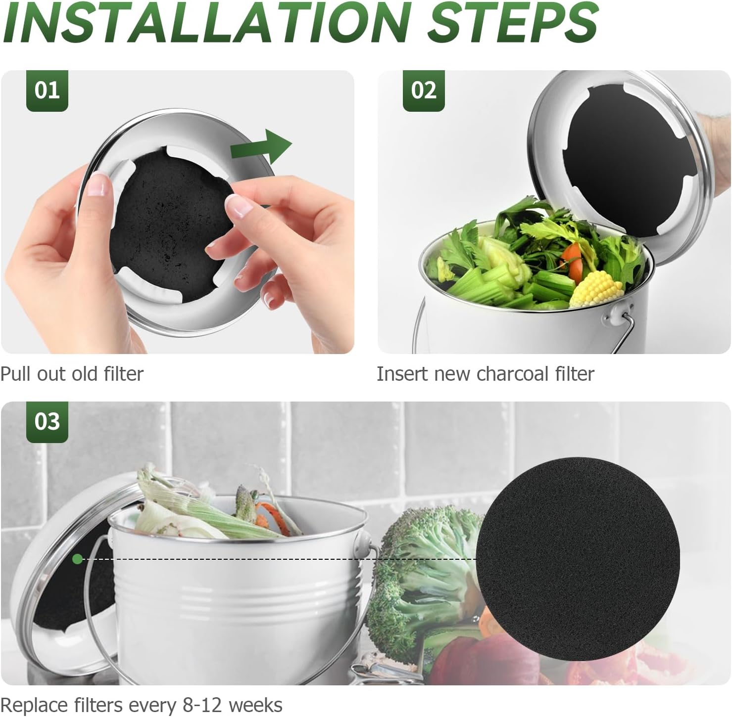 Filtro de contenedor de compost, filtros de carbón de 6.7 pulgadas para cubeta de compost, cubeta de compost, hogar, encimera, cubo de compost,