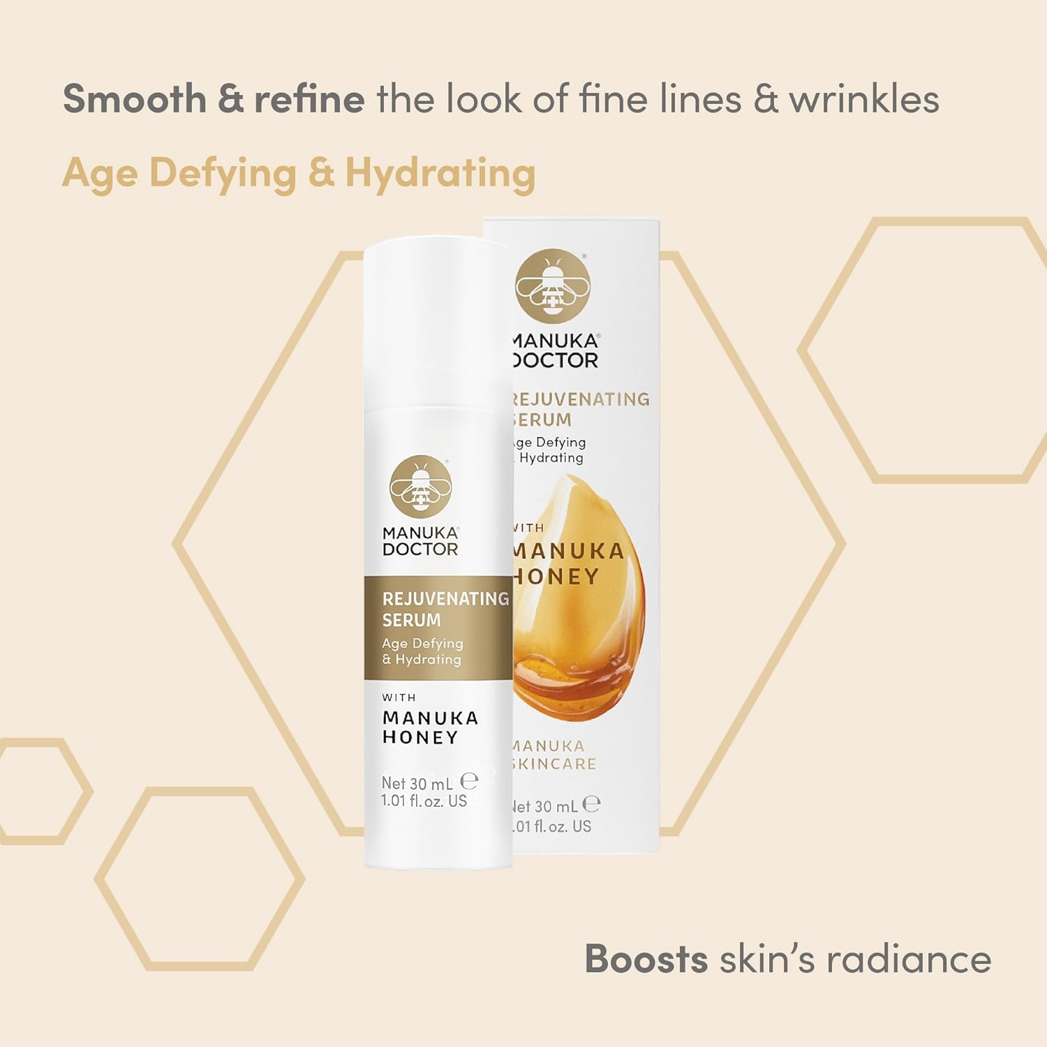 MANUKA DOCTOR Suero antienvejecimiento con miel de manuka, ácido hialurónico, propóleos, jalea real, vitamina E, aceite de rosa mosqueta, suero