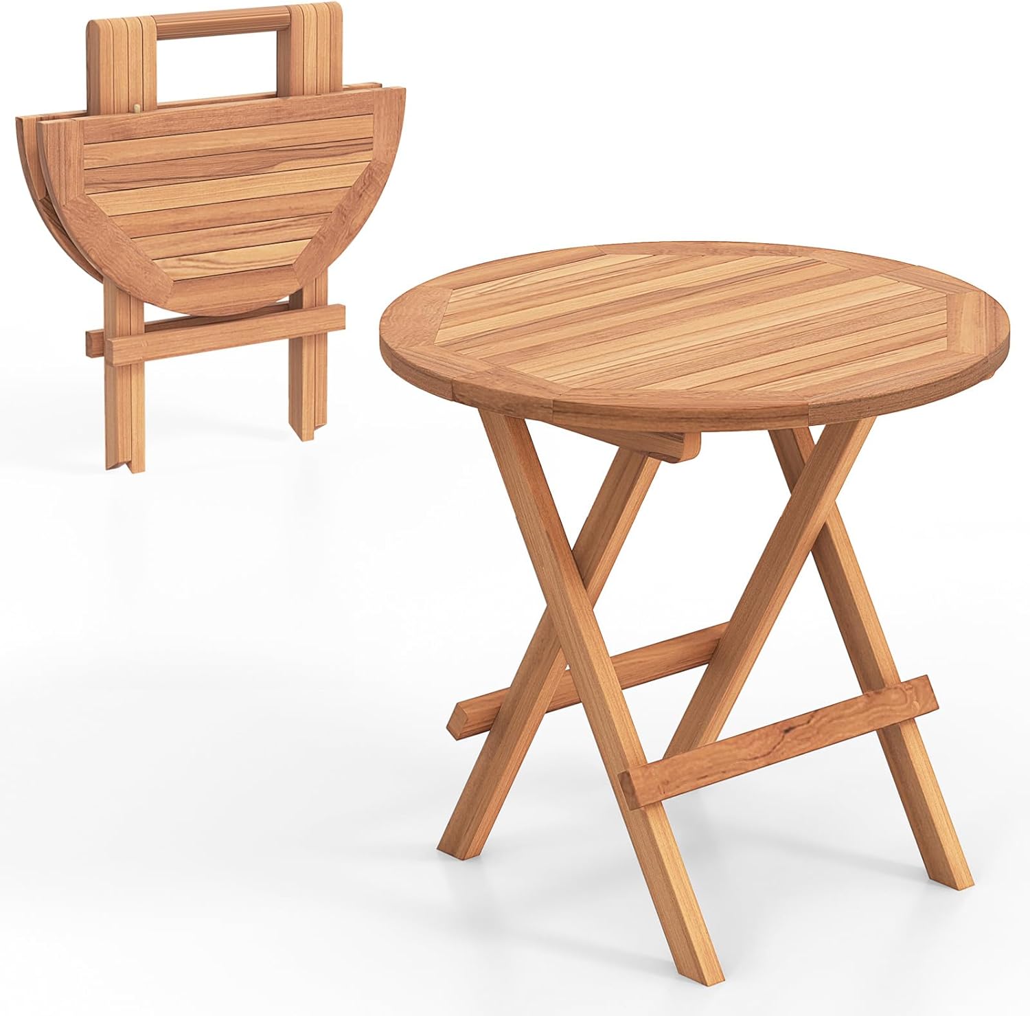 RELAX4LIFE Mesa auxiliar plegable para exteriores, mesa auxiliar de madera de teca, mesa auxiliar redonda para interiores con mesa de listones,